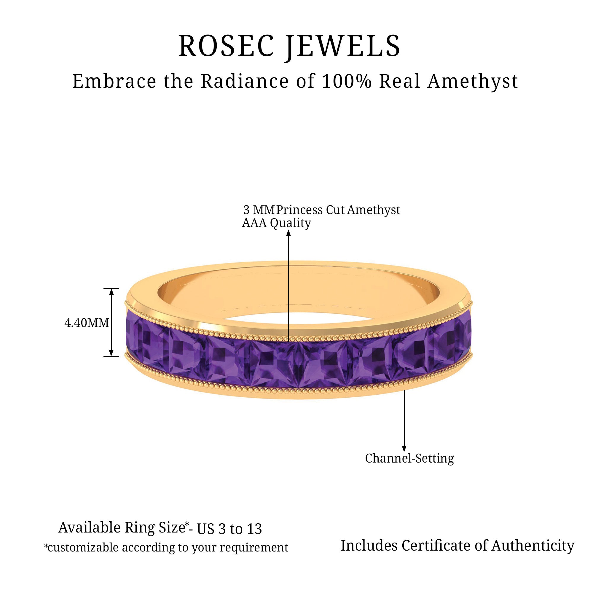 Natural Princess Cut Amethyst Half Eternity Ring for Women AAA - Rosec Jewels