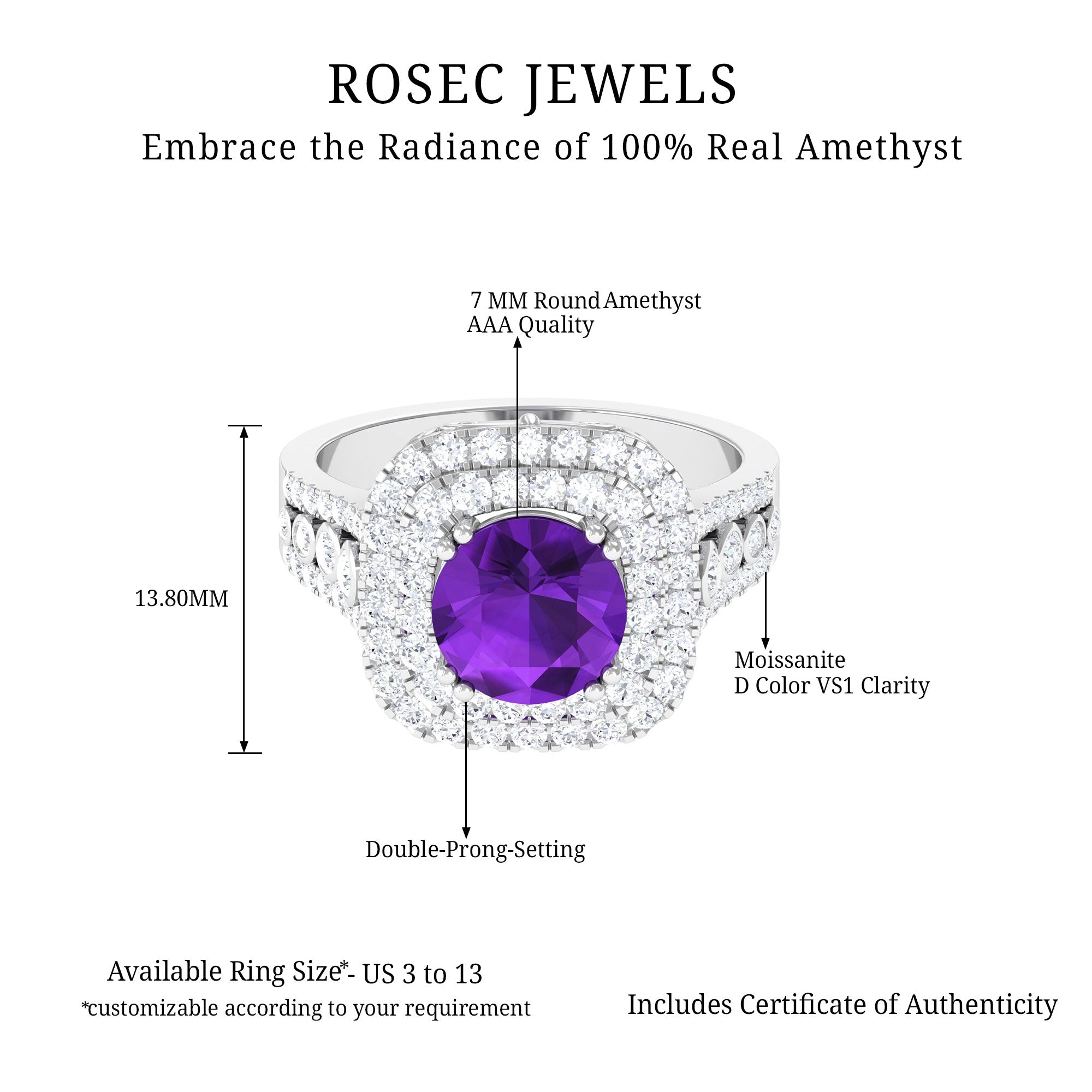 3 CT Amethyst Double Halo Engagement Ring with Moissanite Amethyst - ( AAA ) - Quality - Rosec Jewels
