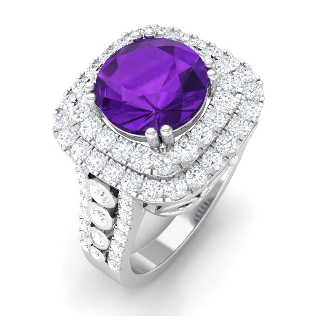 3 CT Amethyst Double Halo Engagement Ring with Moissanite Amethyst - ( AAA ) - Quality - Rosec Jewels