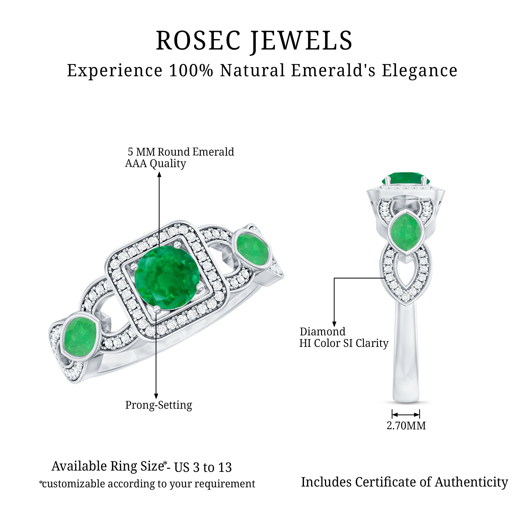 Vintage Style Emerald and Diamond Engagement Ring for Women AAA - Rosec Jewels