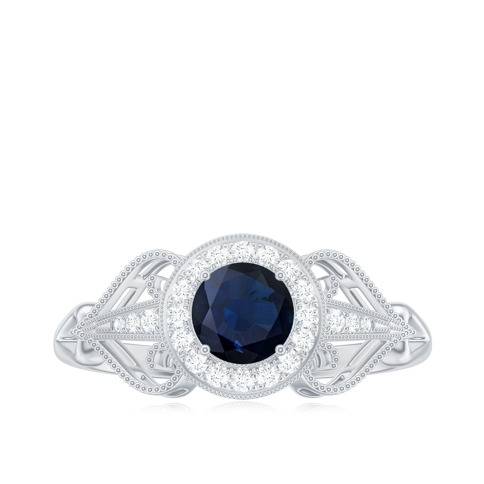 Vintage Looking Blue Sapphire with Diamond Halo Engagement Ring AAA - Rosec Jewels