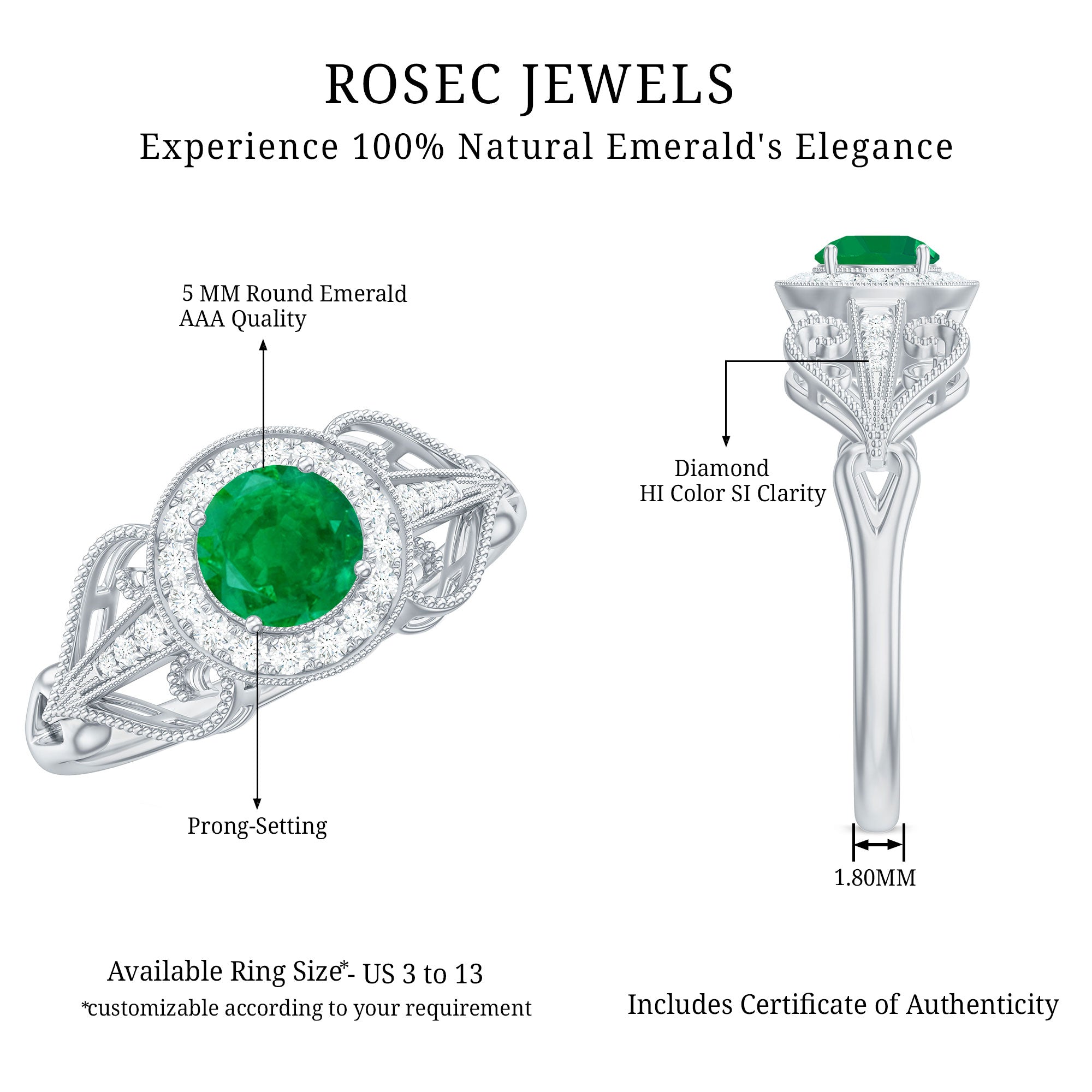 AAA Quality Emerald and Diamond Vintage Inspired Engagement Ring AAA - Rosec Jewels