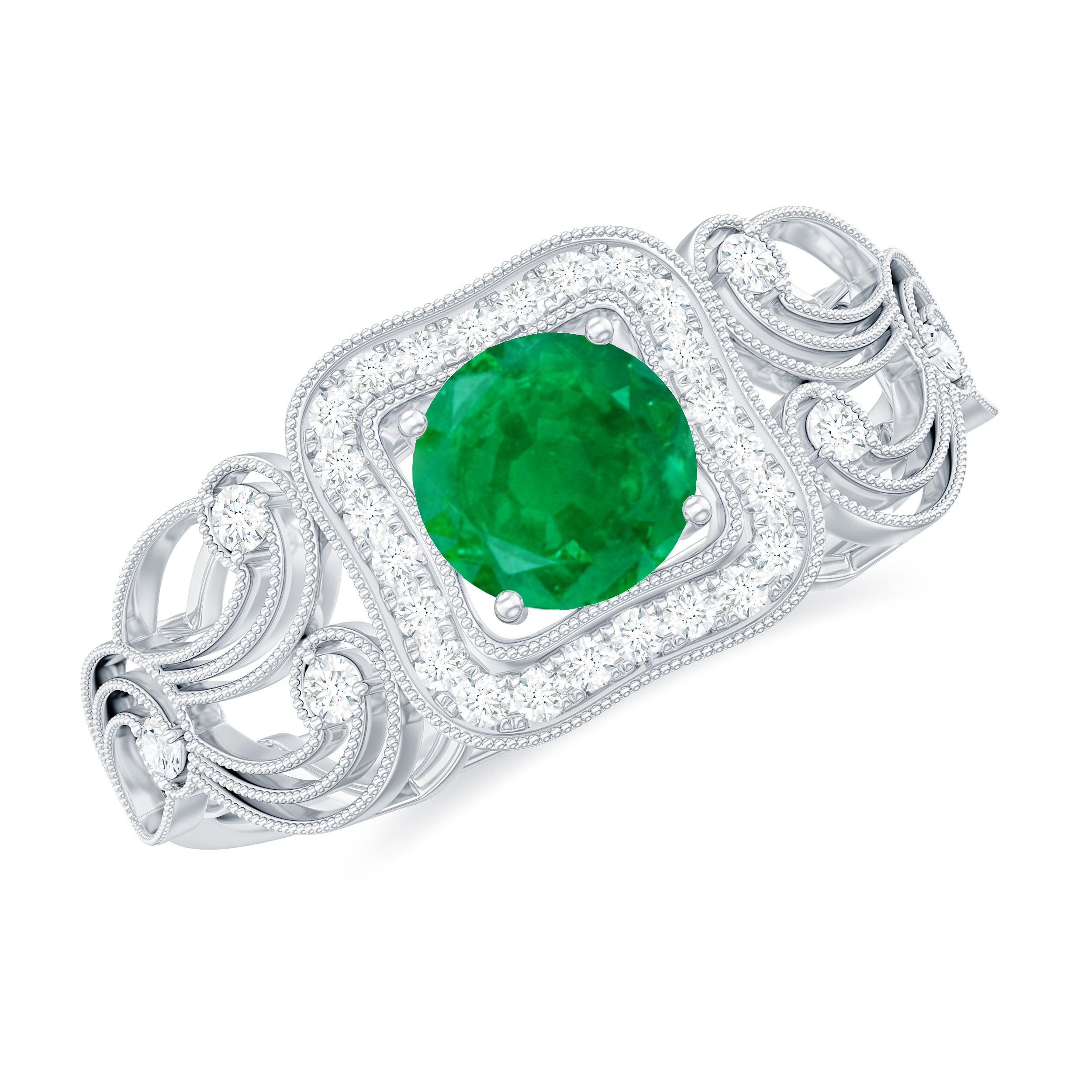 Vintage Looking Emerald Engagement Ring with Diamond Halo AAA - Rosec Jewels