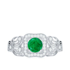 Vintage Looking Emerald Engagement Ring with Diamond Halo AAA - Rosec Jewels