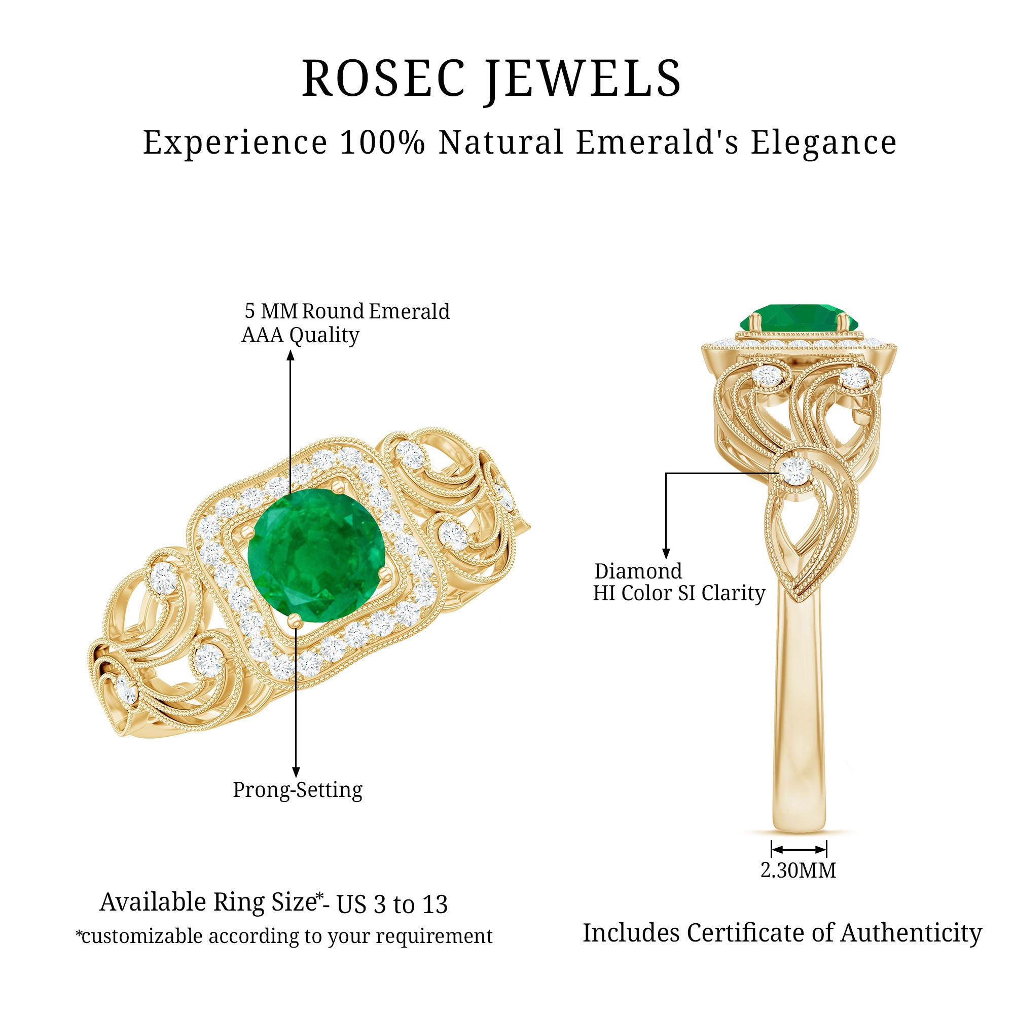 Vintage Looking Emerald Engagement Ring with Diamond Halo AAA - Rosec Jewels