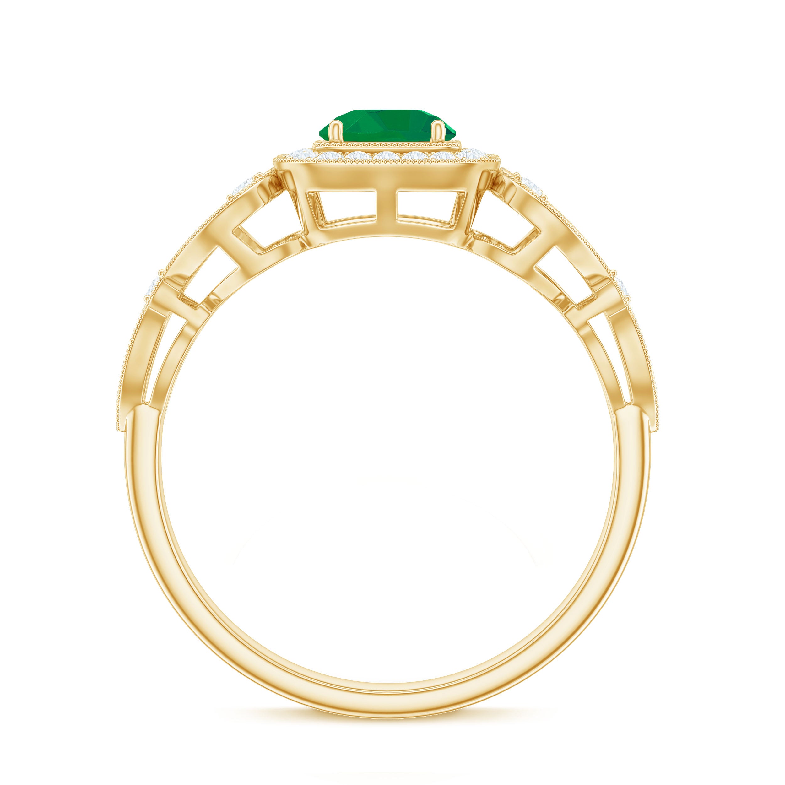 Vintage Looking Emerald Engagement Ring with Diamond Halo AAA - Rosec Jewels