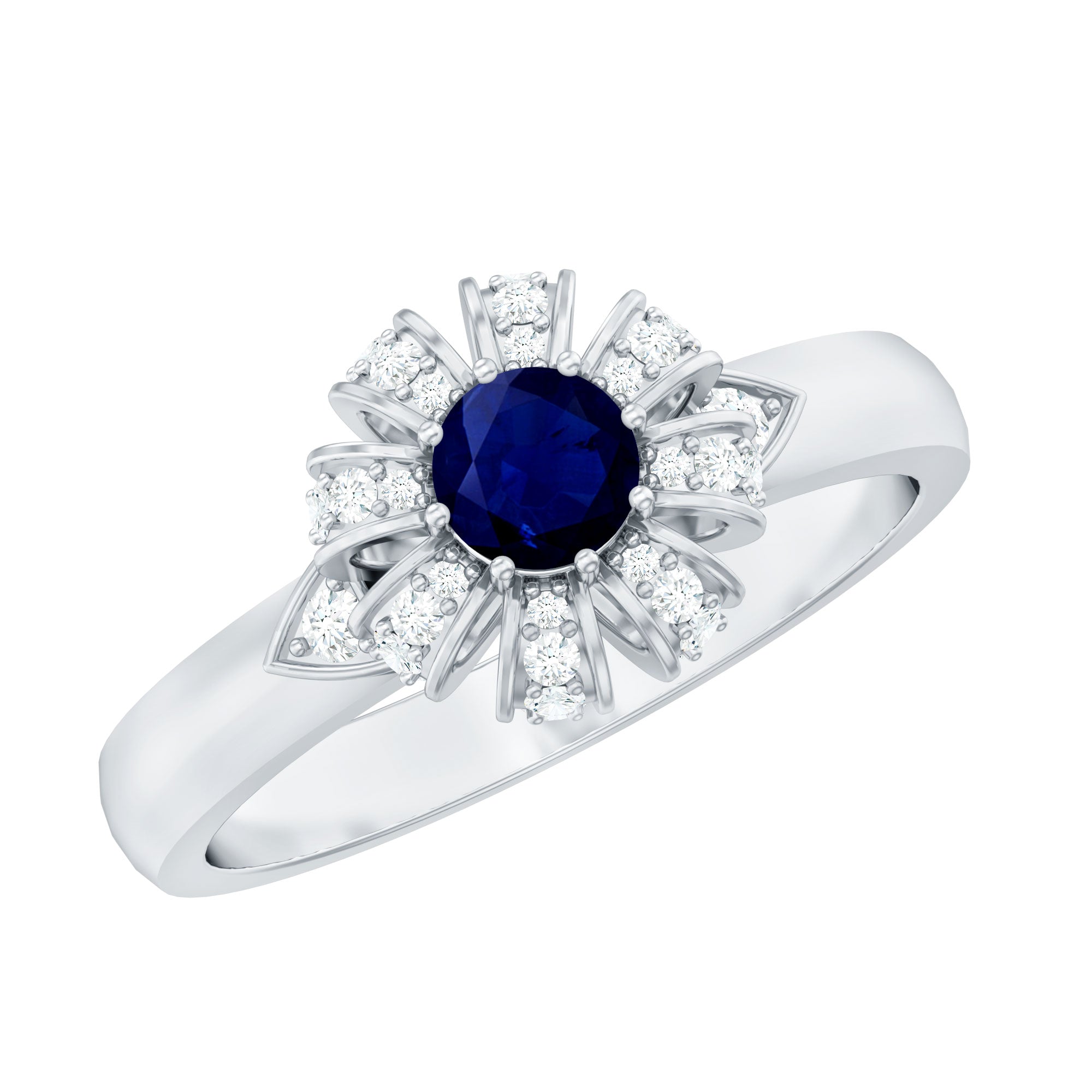 Real Blue Sapphire Flower Engagement Ring with Diamond AAA - Rosec Jewels
