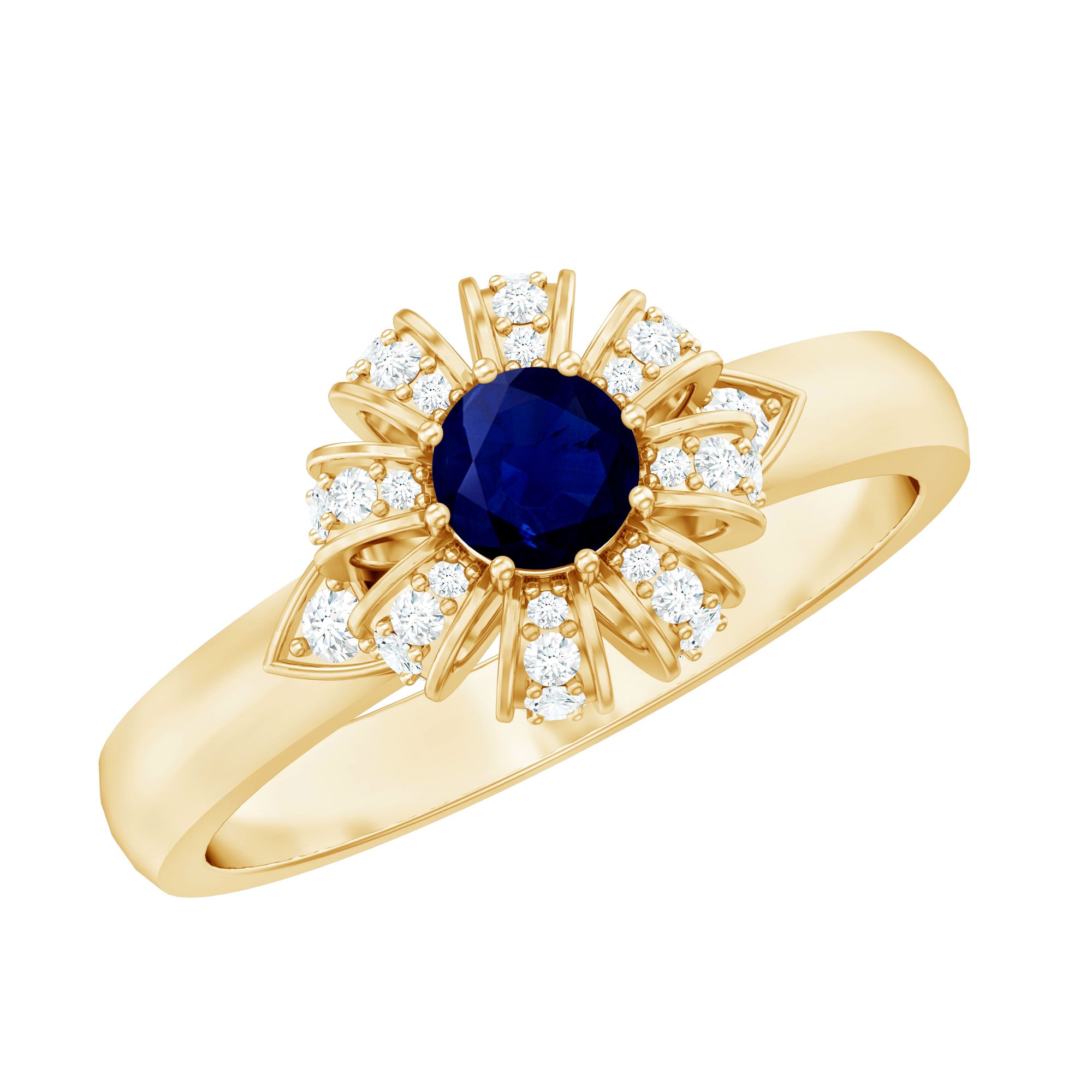 Real Blue Sapphire Flower Engagement Ring with Diamond AAA - Rosec Jewels