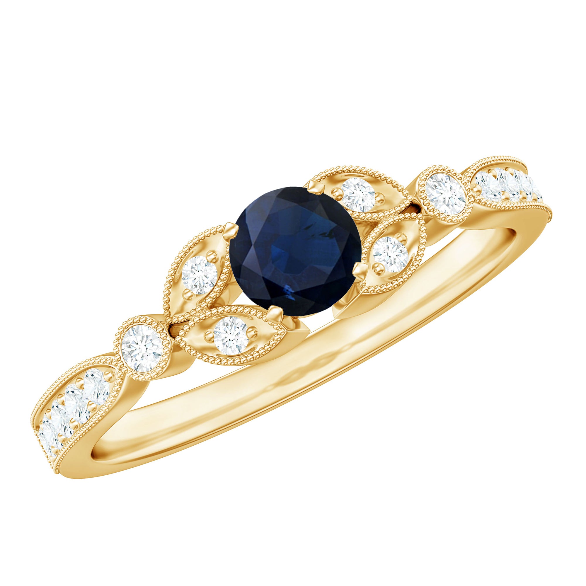 Rosec Jewels-Vintage Inspired Blue Sapphire and Diamond Engagement Ring with Milgrain Details