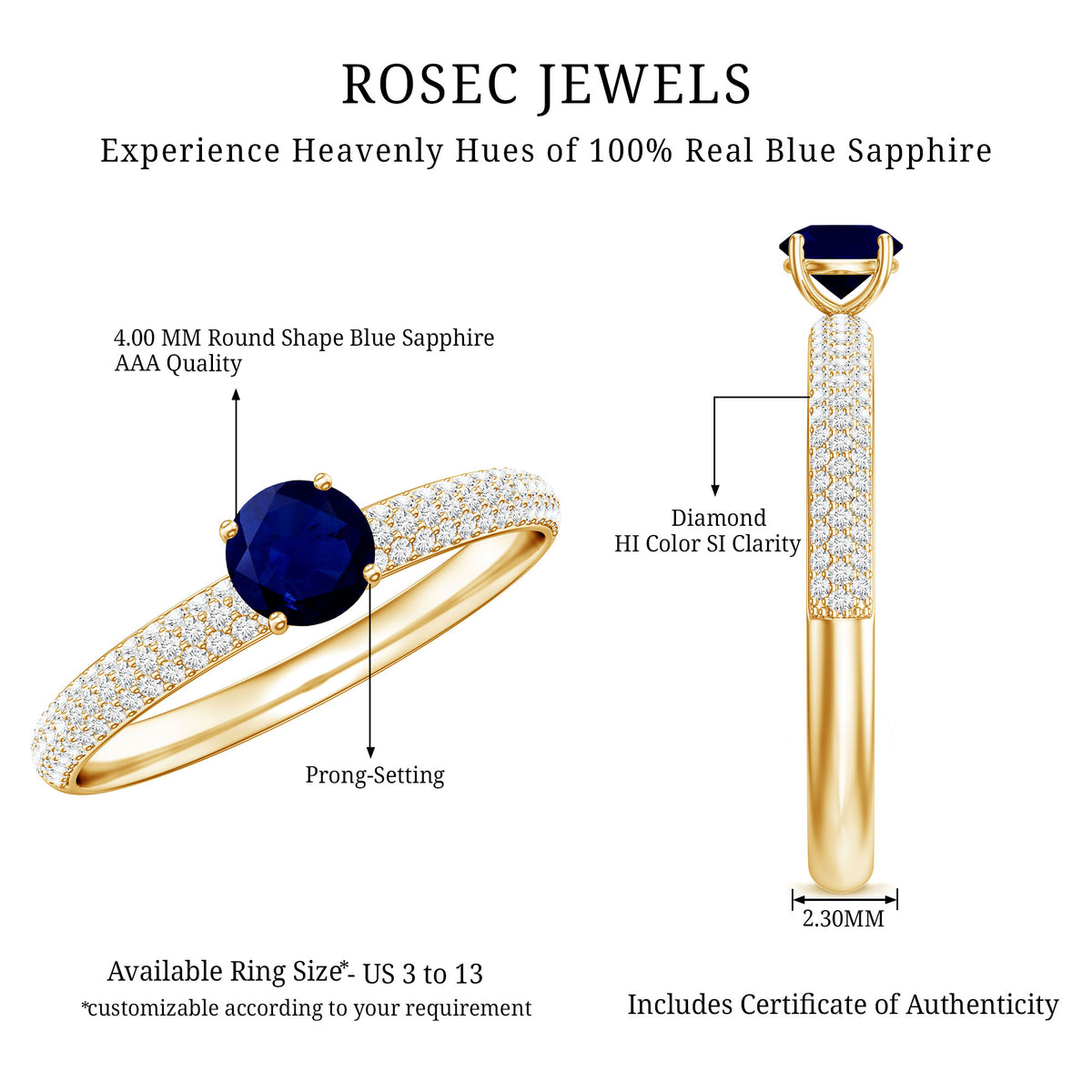 Genuine Blue Sapphire and Diamond Side Stone Engagement Ring AAA - Rosec Jewels
