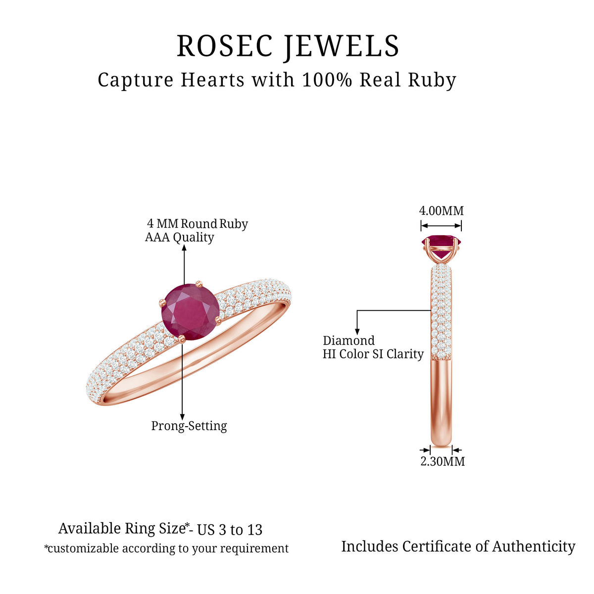 Natural Ruby Diamond Engagement Ring for Women AAA - Rosec Jewels