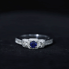 Vintage Inspired Blue Sapphire 3 Stone Engagement Ring with Diamond AAA - Rosec Jewels