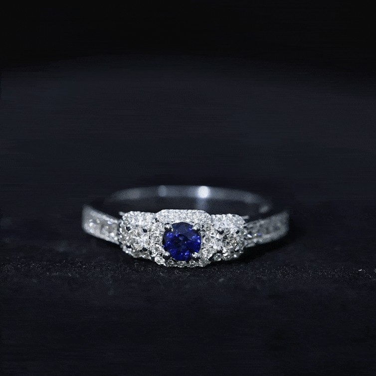 Vintage Inspired Blue Sapphire 3 Stone Engagement Ring with Diamond AAA - Rosec Jewels