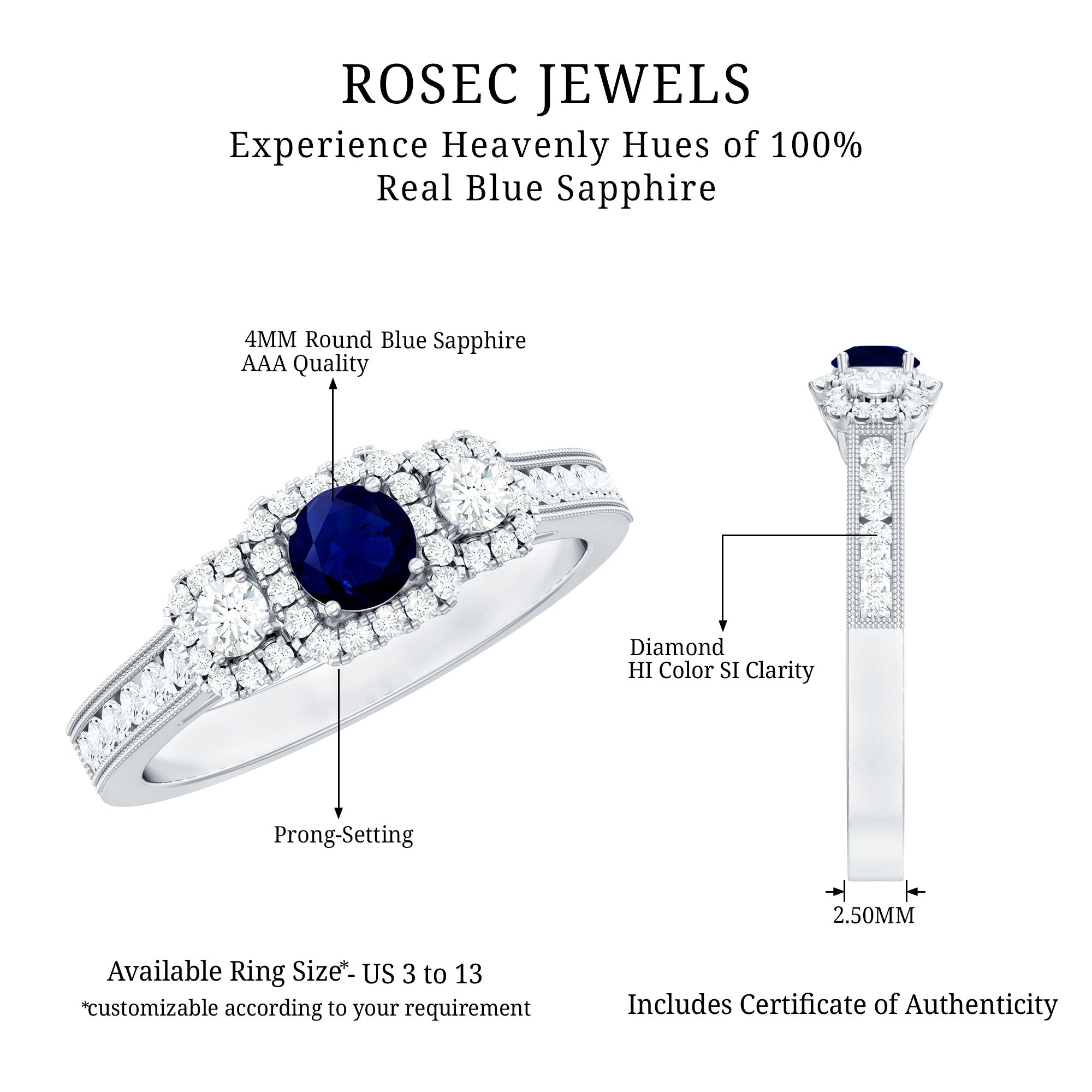 Vintage Inspired Blue Sapphire 3 Stone Engagement Ring with Diamond AAA - Rosec Jewels