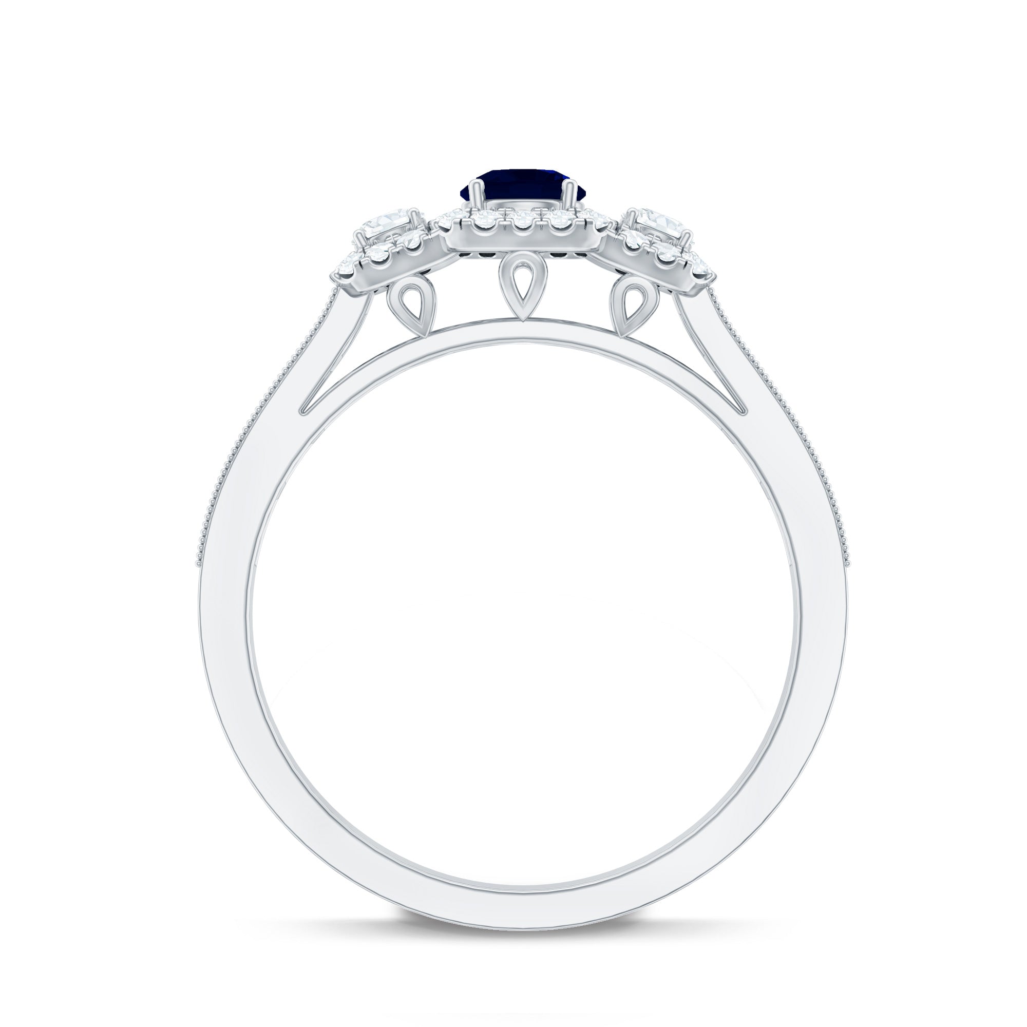 Vintage Inspired Blue Sapphire 3 Stone Engagement Ring with Diamond AAA - Rosec Jewels
