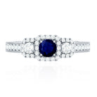 Vintage Inspired Blue Sapphire 3 Stone Engagement Ring with Diamond AAA - Rosec Jewels