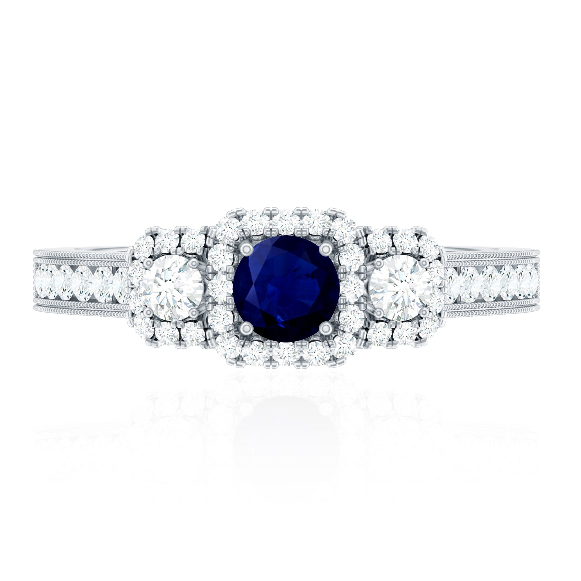 Vintage Inspired Blue Sapphire 3 Stone Engagement Ring with Diamond AAA - Rosec Jewels