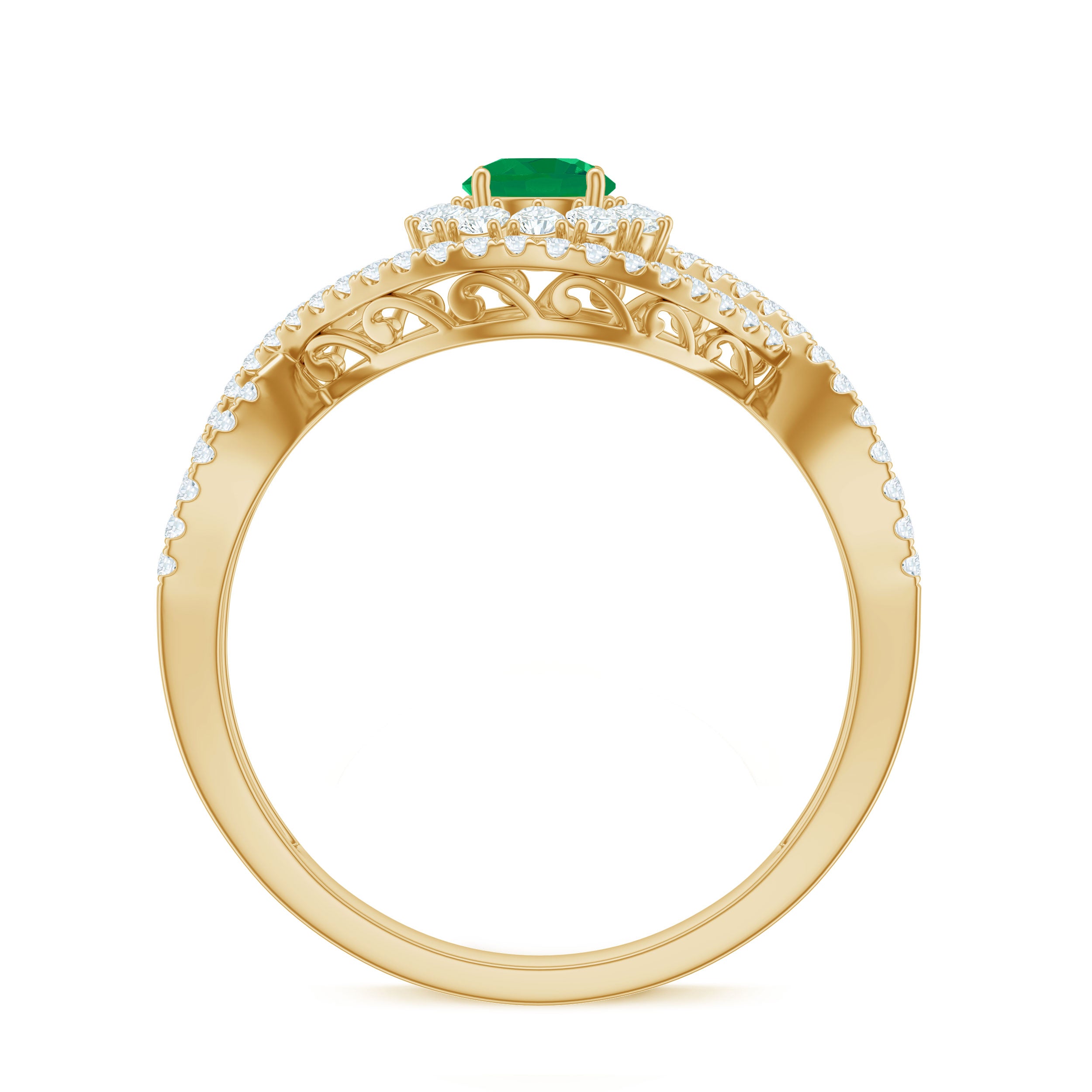 Natural Emerald Engagement Ring with Diamond Crossover Shank AAA - Rosec Jewels