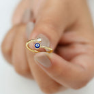 Bezel Set Moissanite Open Cuff Ring in Gold with Enameled Evil Eye Moissanite - ( D-VS1 ) - Color and Clarity - Rosec Jewels
