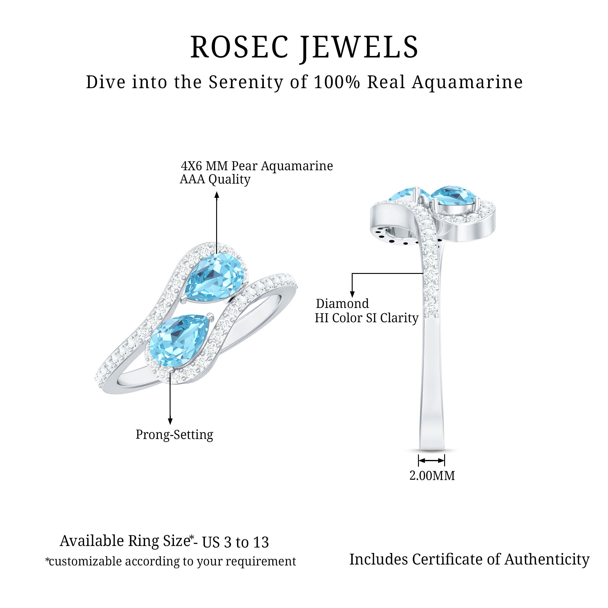 0.7 Carat Aquamarine Two Stone Engagement Ring with Diamond AAA - Rosec Jewels