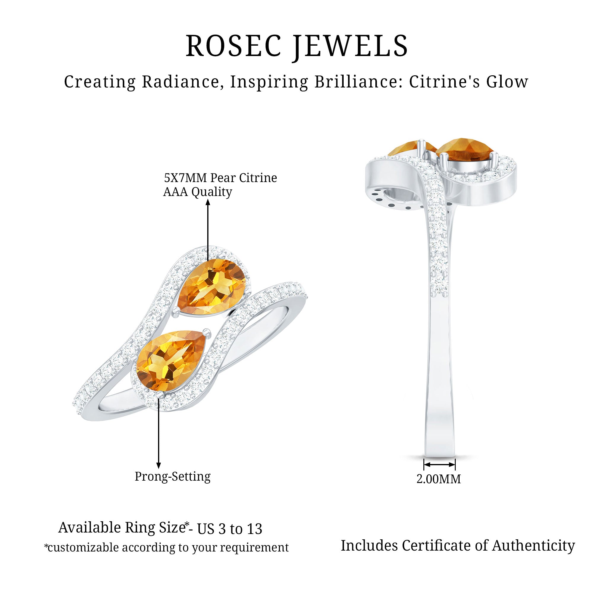 Pear Shape Citrine Two Stone Engagement Ring with Diamond AAA - Rosec Jewels