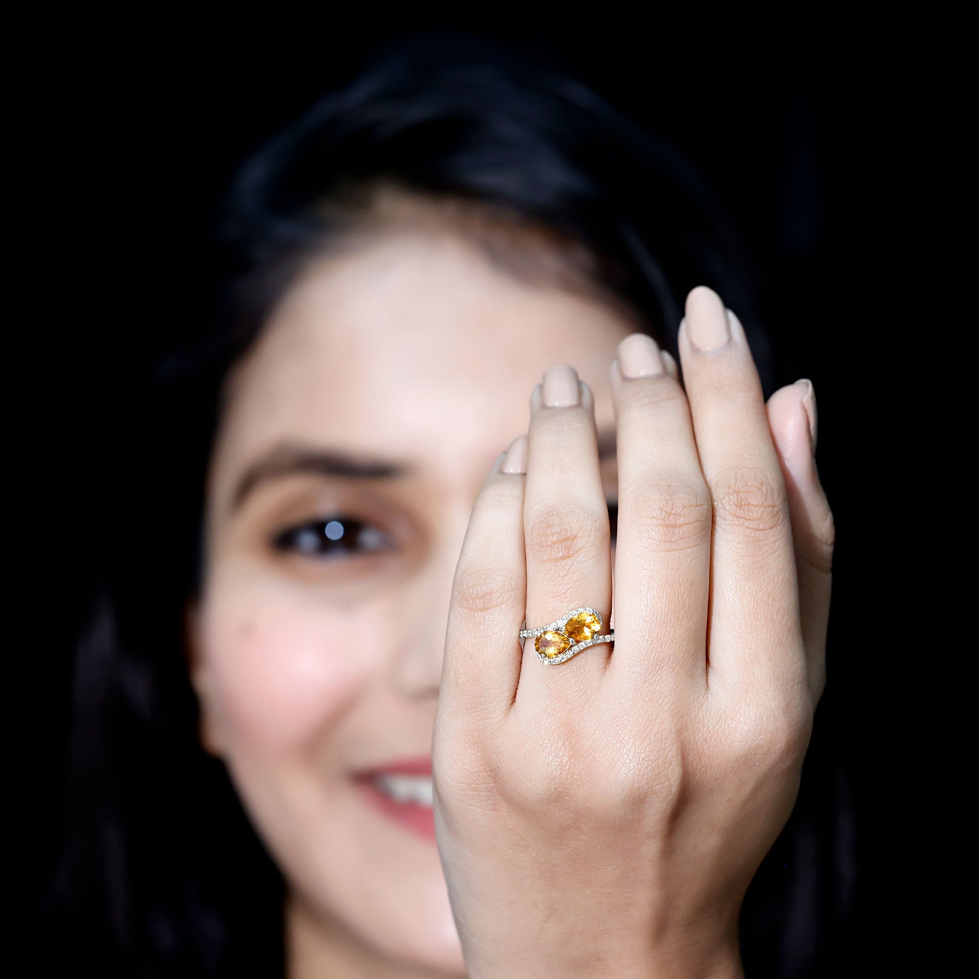 Pear Shape Citrine Two Stone Engagement Ring with Diamond AAA - Rosec Jewels