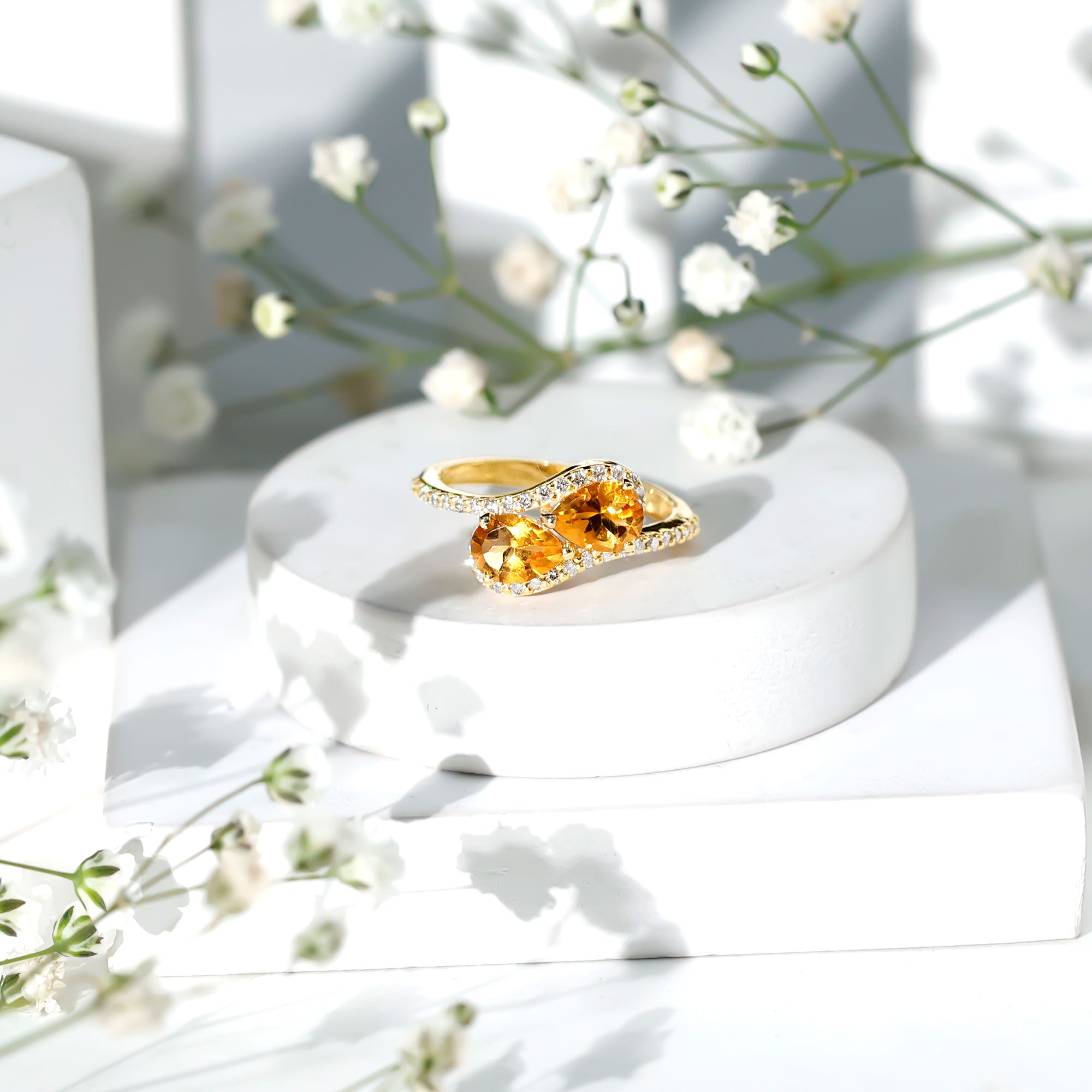 Pear Shape Citrine Two Stone Engagement Ring with Diamond AAA - Rosec Jewels