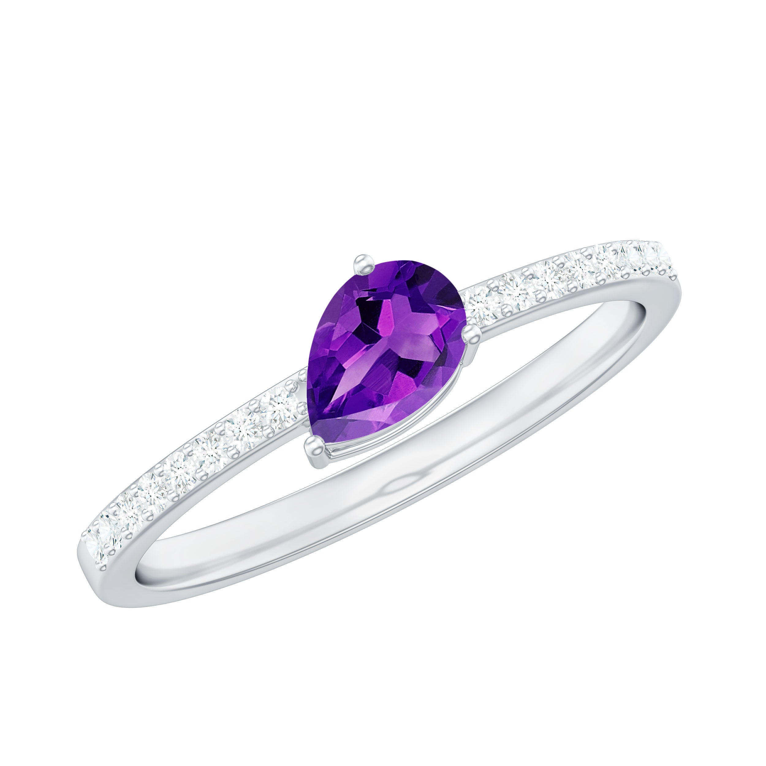 Natural 1 Carat Pear Shaped Amethyst Engagement Ring with Diamond AAA - Rosec Jewels
