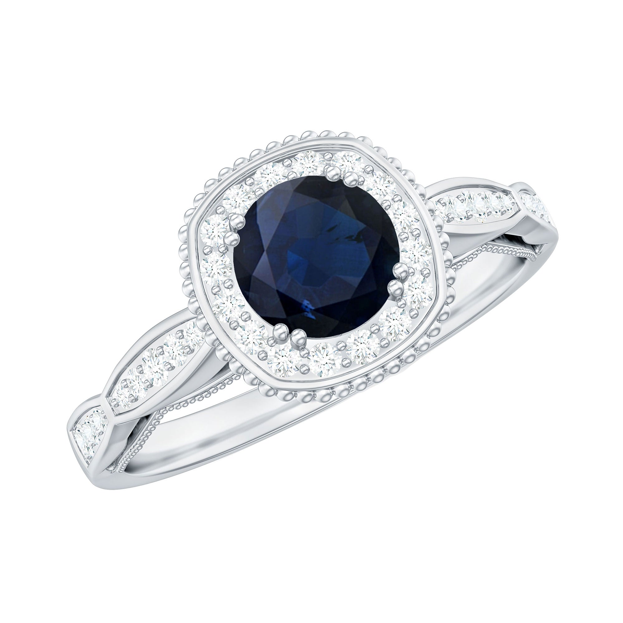 Rosec Jewels-Round 0.9 Carat Blue Sapphire Antique Engagement Ring with Diamond Halo
