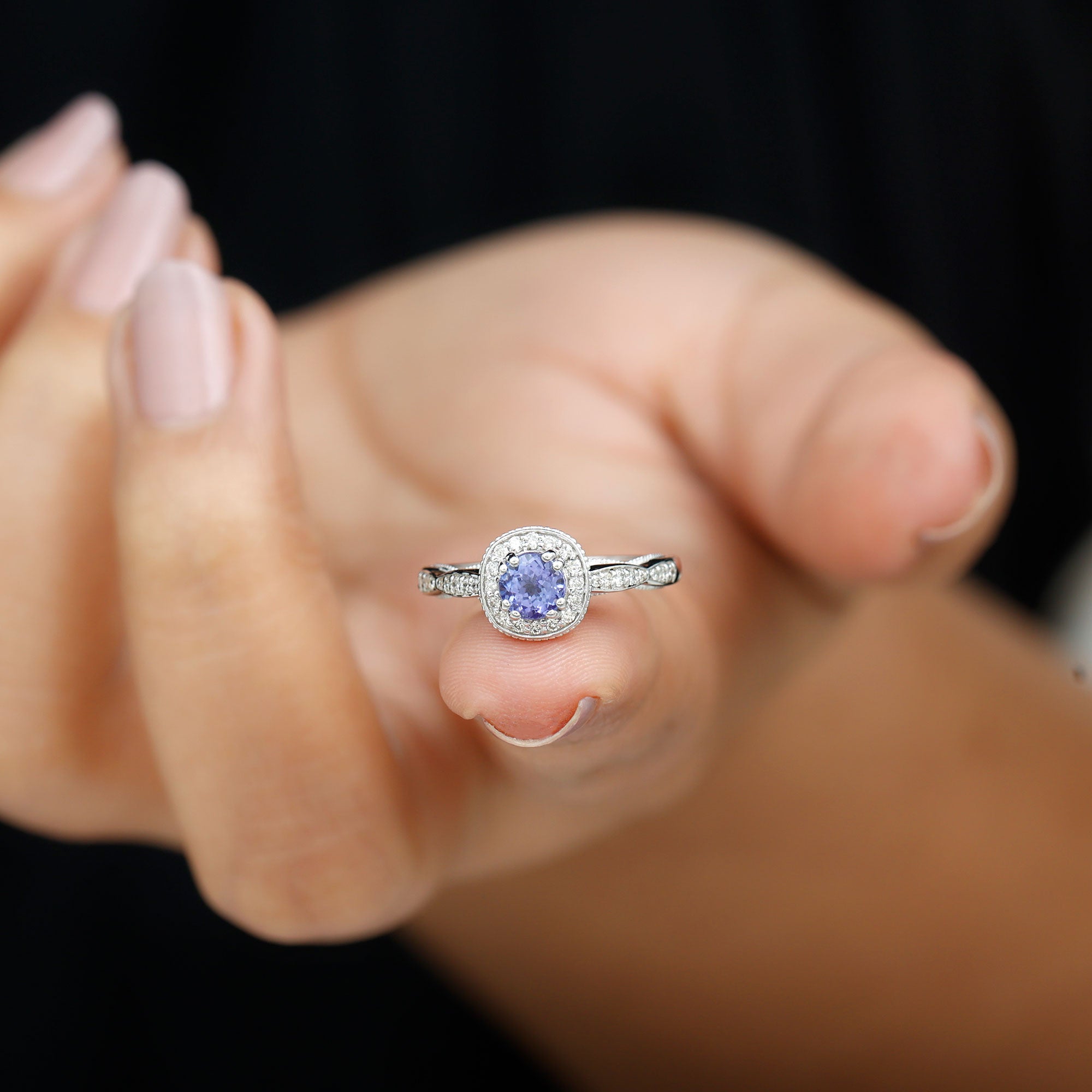 Vintage Inspired Round Tanzanite Engagement Ring with Diamond Halo Tanzanite - ( AAA ) - Quality - Rosec Jewels