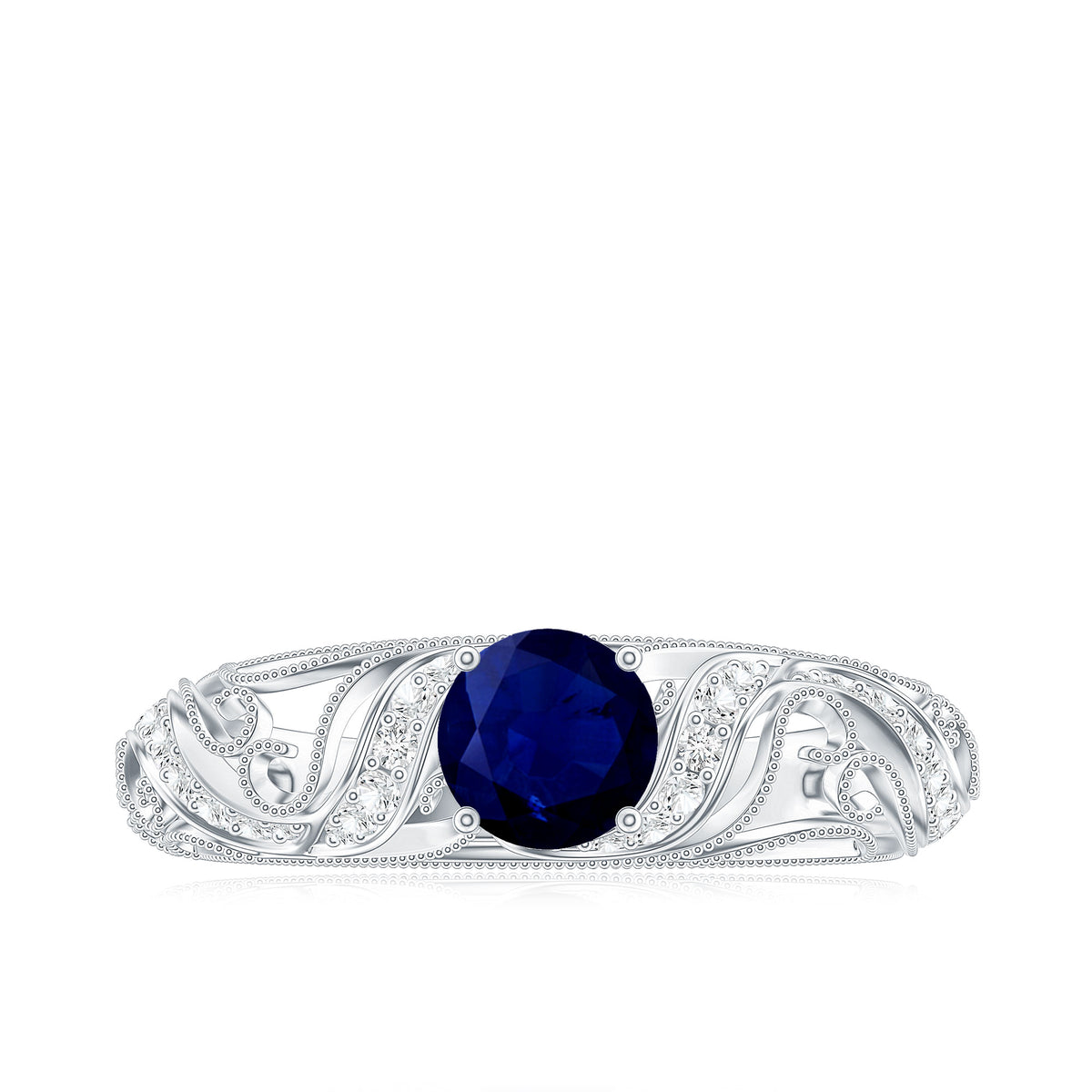 Certified 0.9 Carat Real Blue Sapphire and Diamond Vintage Looking Engagement Ring AAA - Rosec Jewels