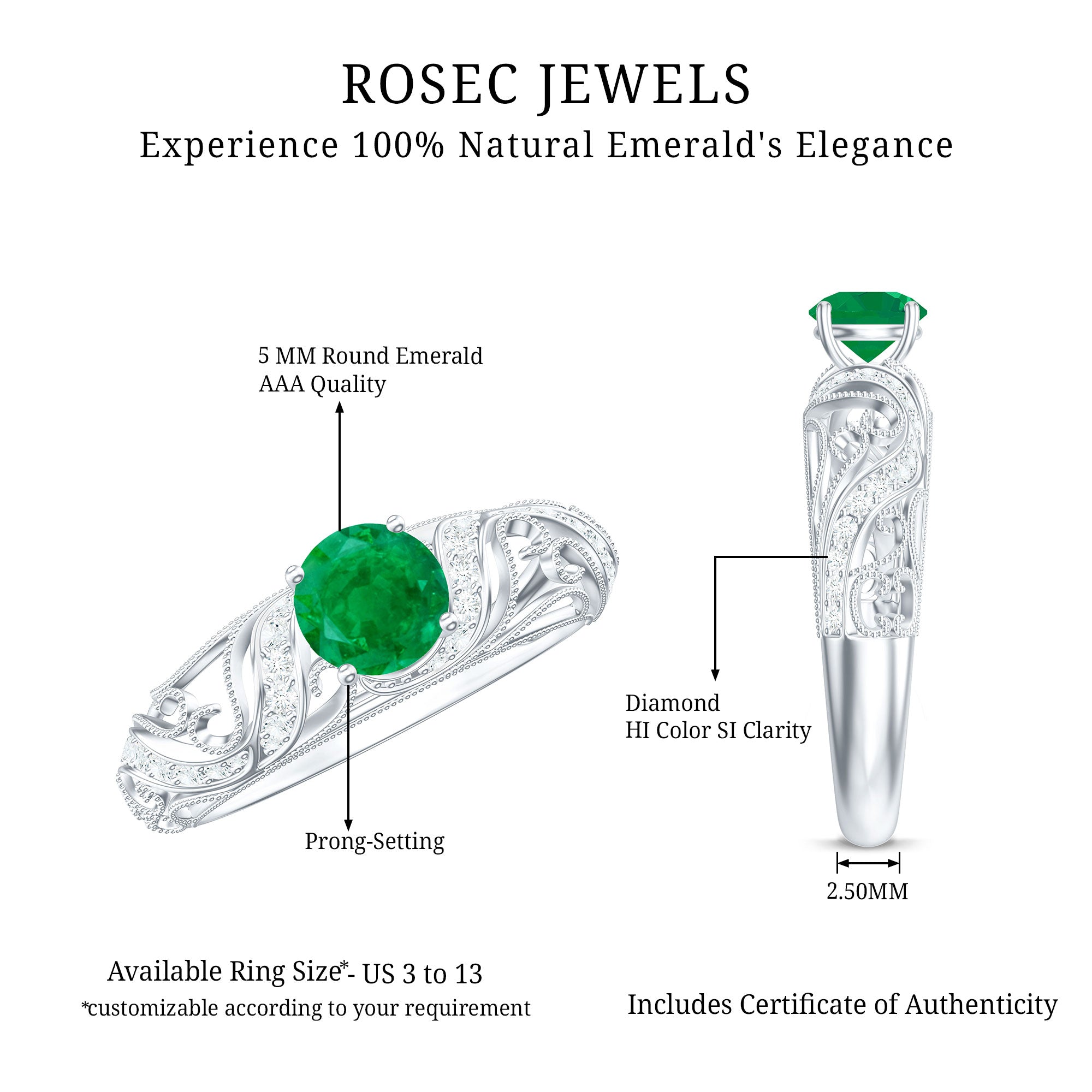 Vintage Looking Emerald and Diamond Engagement Ring for Women AAA - Rosec Jewels