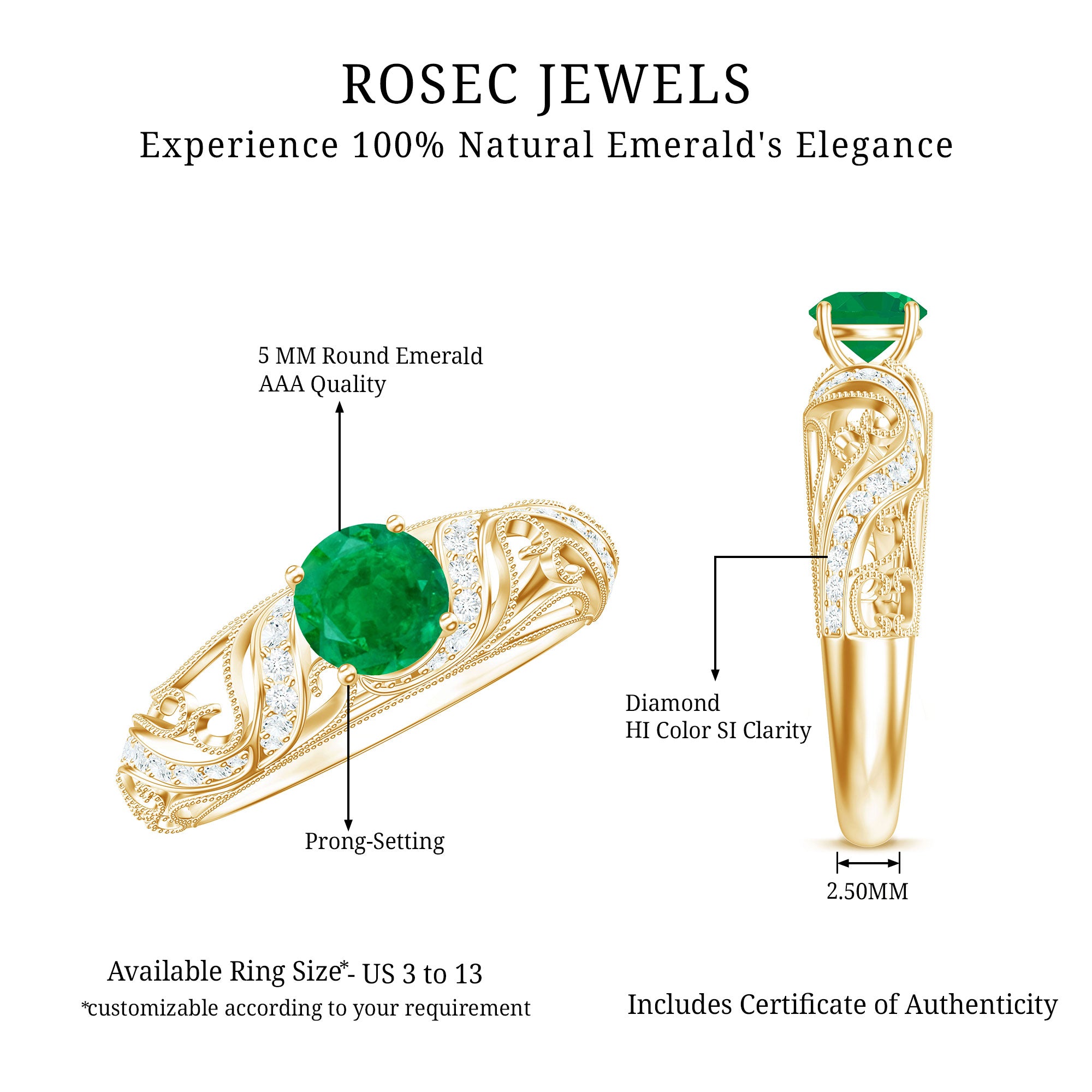 Vintage Looking Emerald and Diamond Engagement Ring for Women AAA - Rosec Jewels