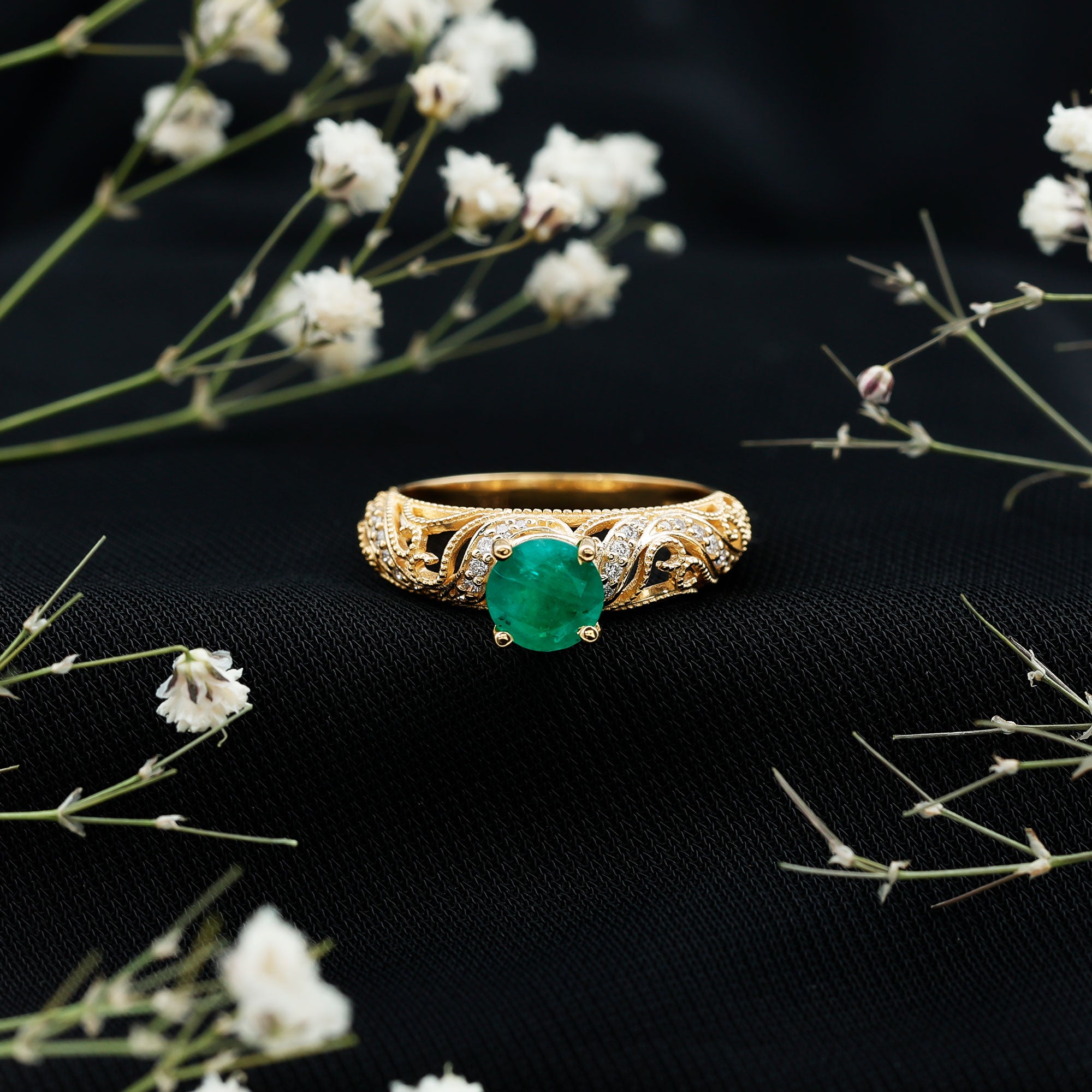 Vintage Looking Emerald and Diamond Engagement Ring for Women AAA - Rosec Jewels