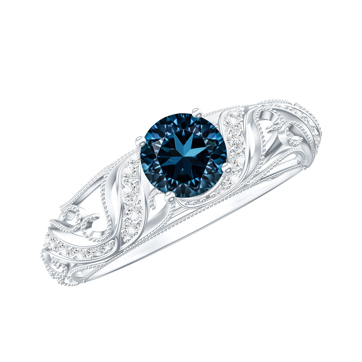 Vintage London Blue Topaz and Diamond Engagement Ring AAA - Rosec Jewels