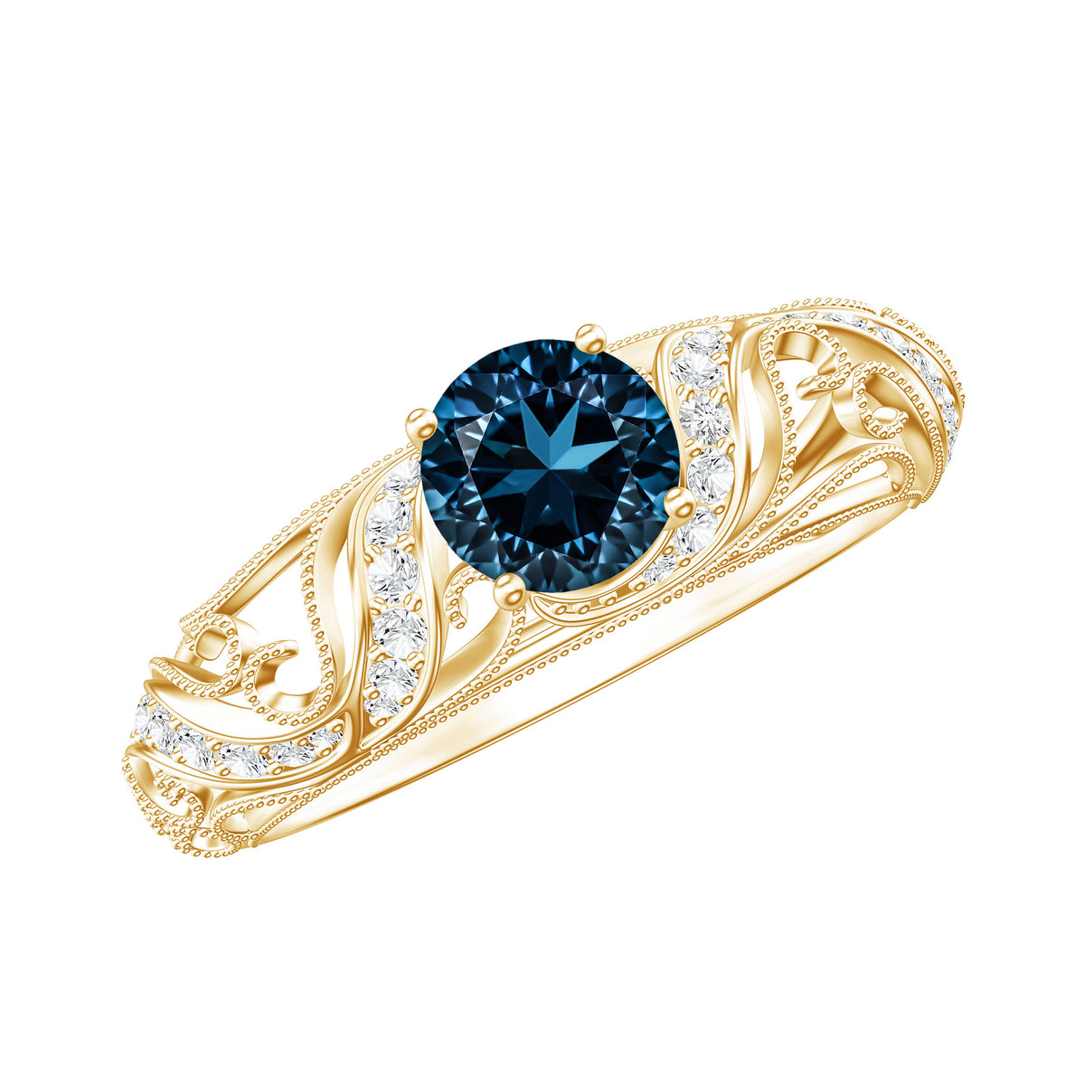 Vintage London Blue Topaz and Diamond Engagement Ring AAA - Rosec Jewels