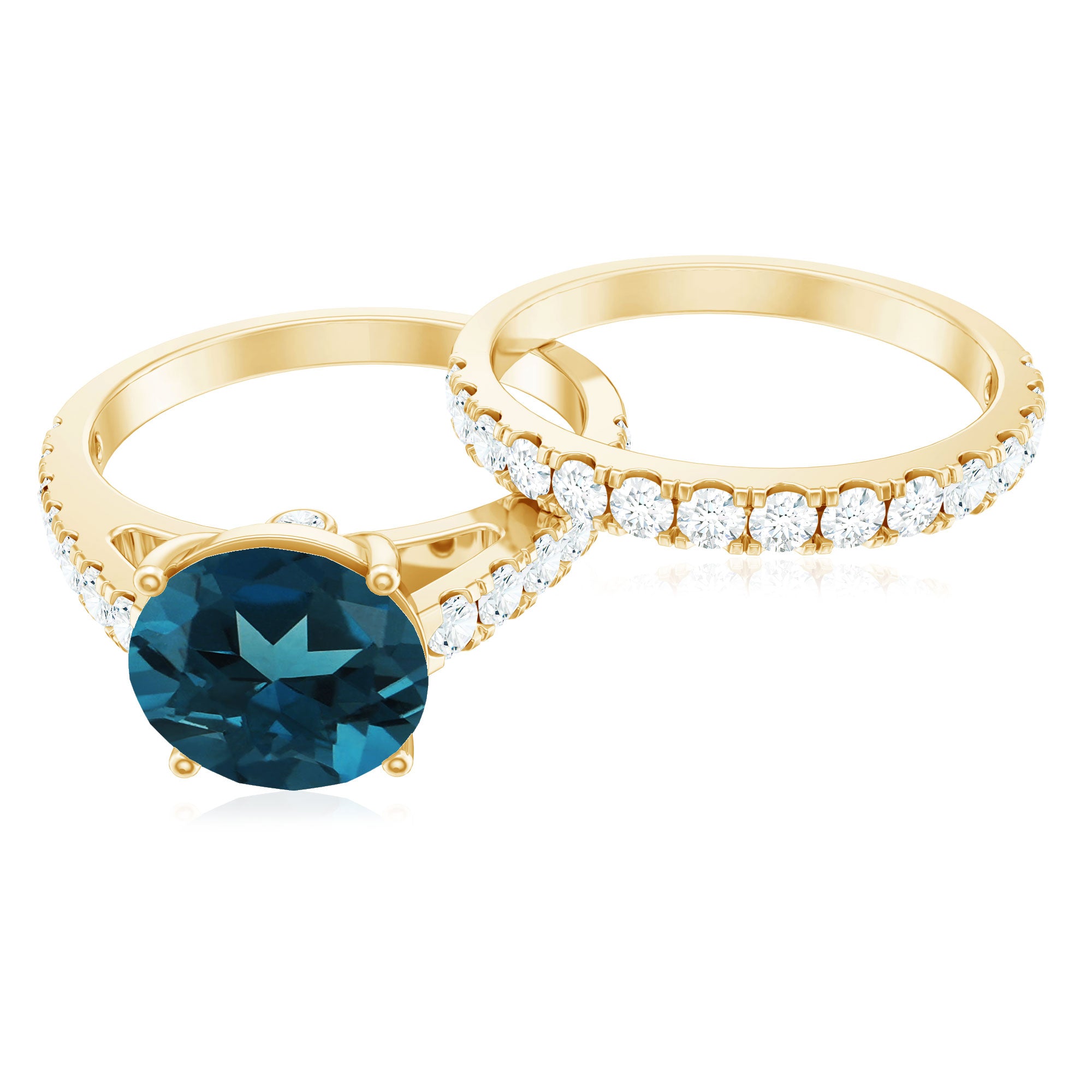 8mm Round London Blue Topaz Solitaire Rings Set with Moissanite Band AAA - Rosec Jewels