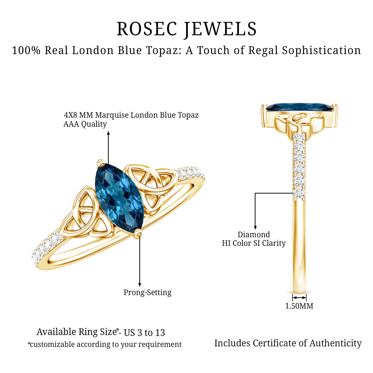 0.74 Carat Marquise Cut London Blue Topaz Celtic Engagement Ring with Diamond AAA - Rosec Jewels