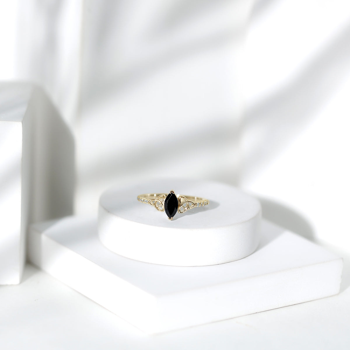 0.8 Carat Lab Grown Black and White Diamond Marquise Engagement Ring with Celtic Knot AAAA ( Synthetic ) - Rosec Jewels