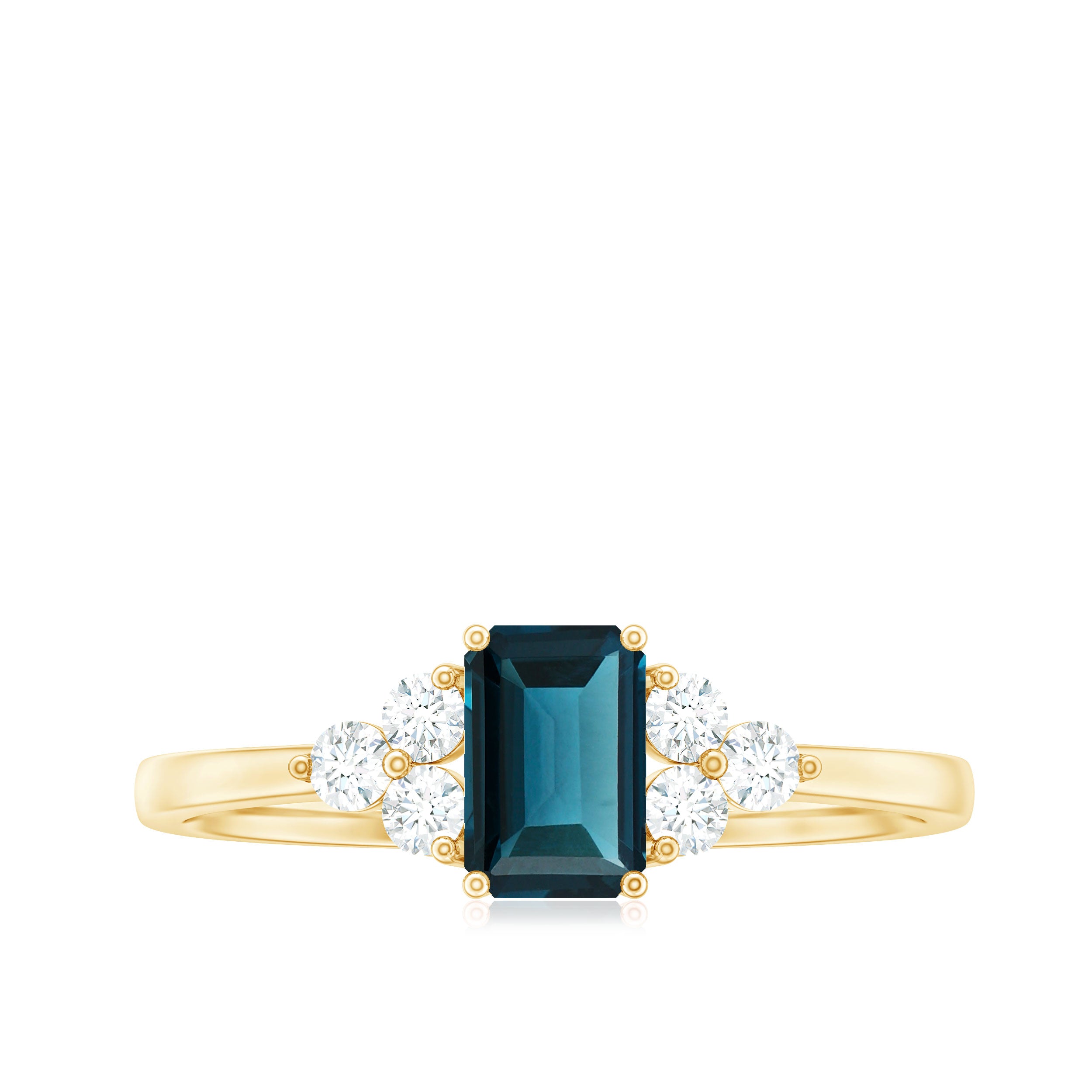 Rosec Jewels-Emerald Cut London Blue Topaz Engagement Ring with Diamond Trio