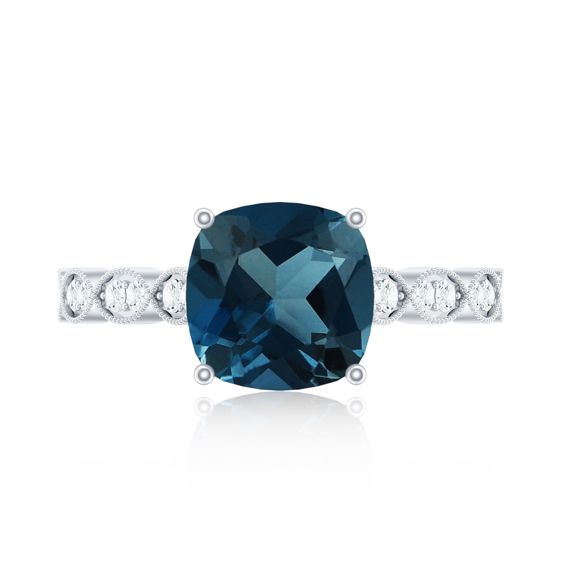 Cushion Cut London Blue Topaz Vintage Engagement Ring with Diamonds AAA - Rosec Jewels