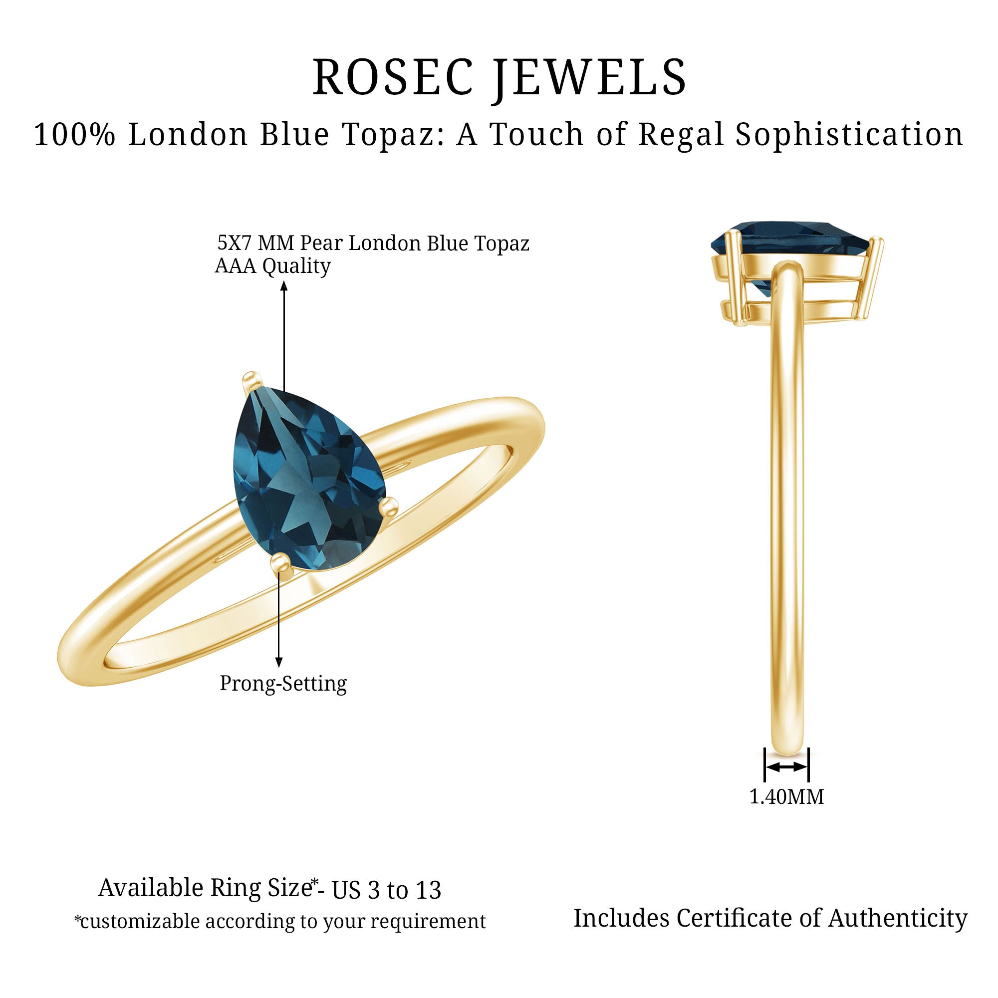 5X7MM Pear Shaped London Blue Topaz Solitaire Ring AAA - Rosec Jewels