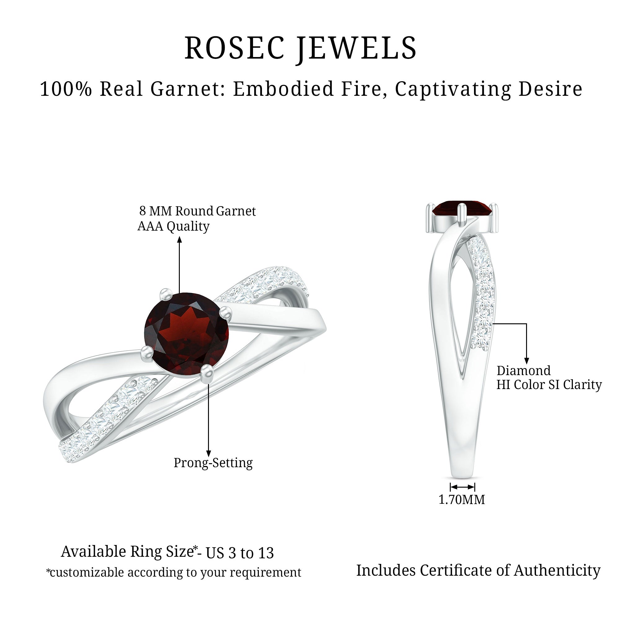 Natural Garnet Engagement Ring with Diamond Infinity Shank AAA - Rosec Jewels