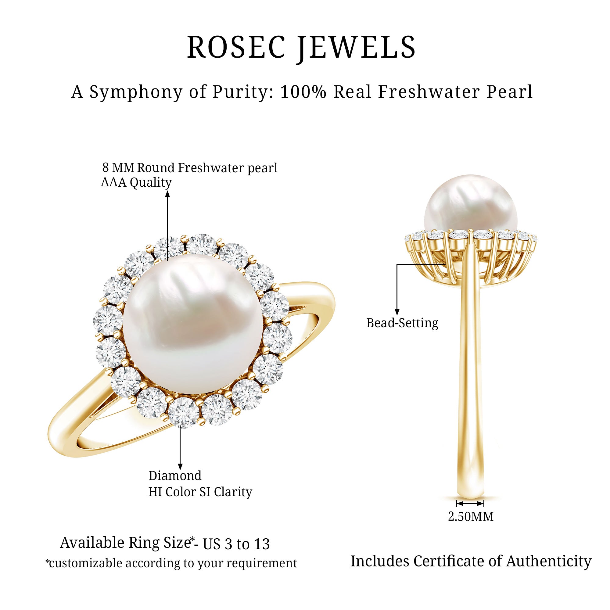 Rosec Jewels-Real 7.4 Carat Freshwater Pearl Engagement Ring with Diamond Halo
