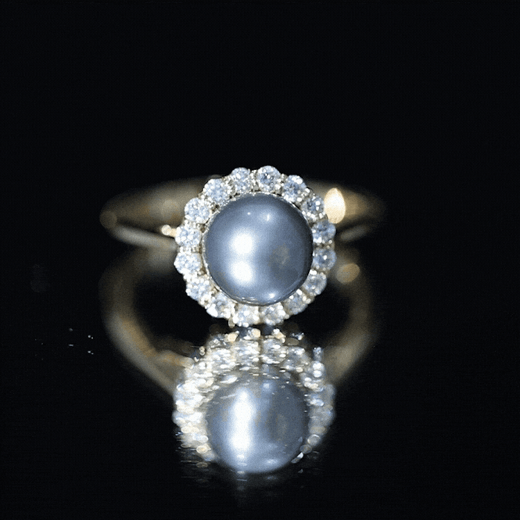 Natural Tahitian Pearl and Diamond Halo Engagement Ring AAA - Rosec Jewels