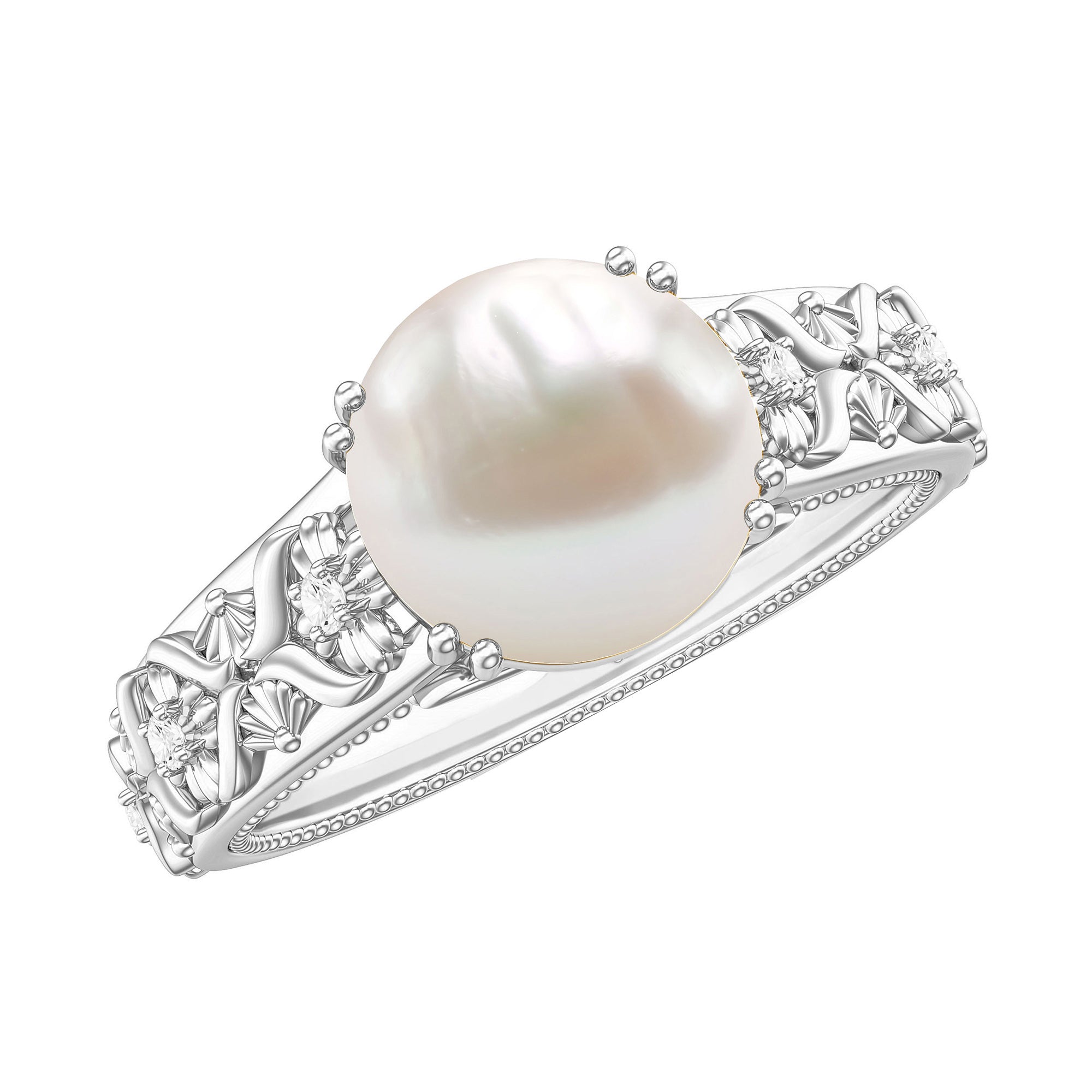 7.5 CT Freshwater Pearl Solitaire with Diamond Engagement Ring Freshwater Pearl - ( AAA ) - Quality - Rosec Jewels