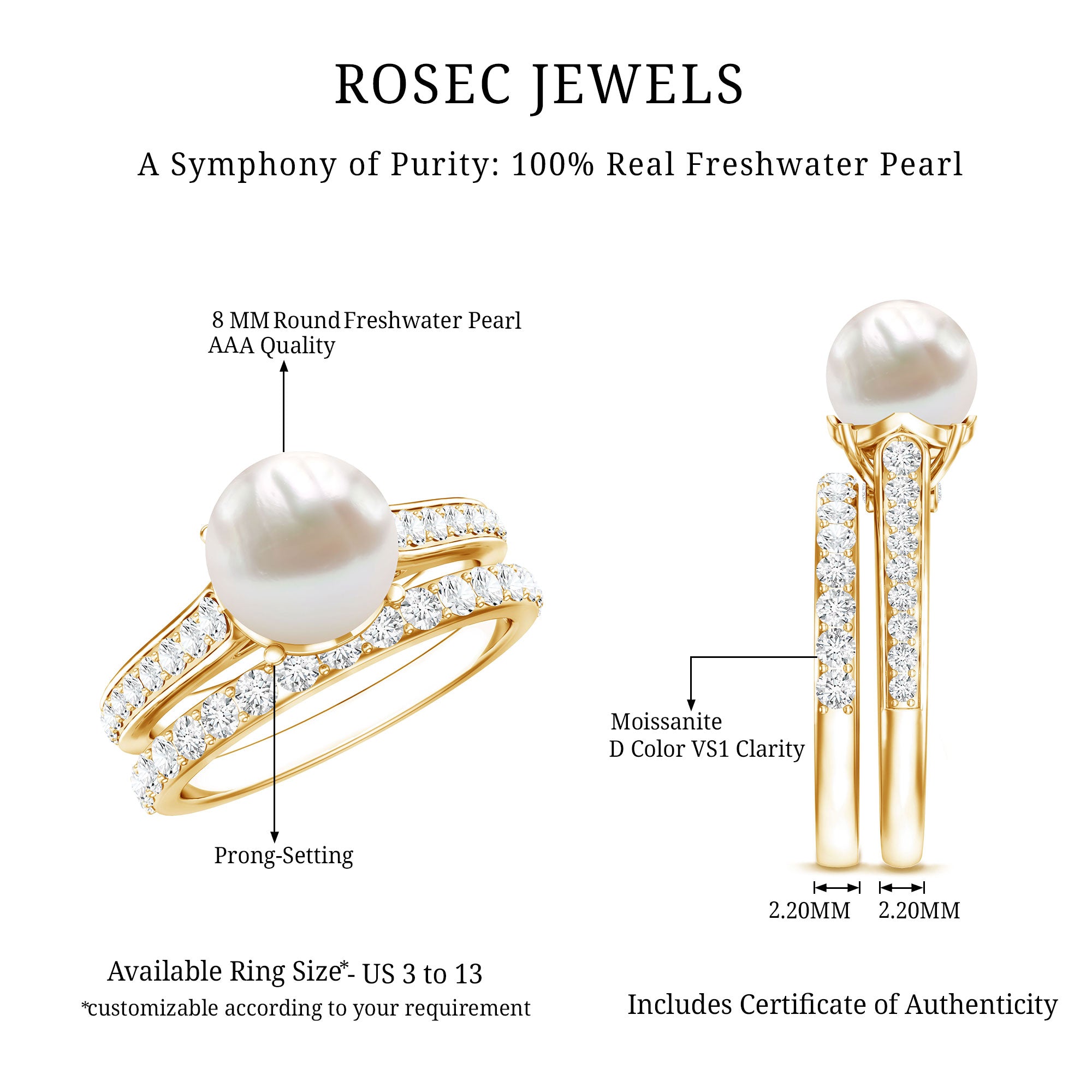 Rosec Jewels-Natural White Pearl Wedding Bridal Ring Set with Moissanite