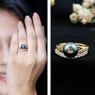 Rosec Jewels-Designer Tahitian Black Pearl Wedding Ring Set with Moissanite