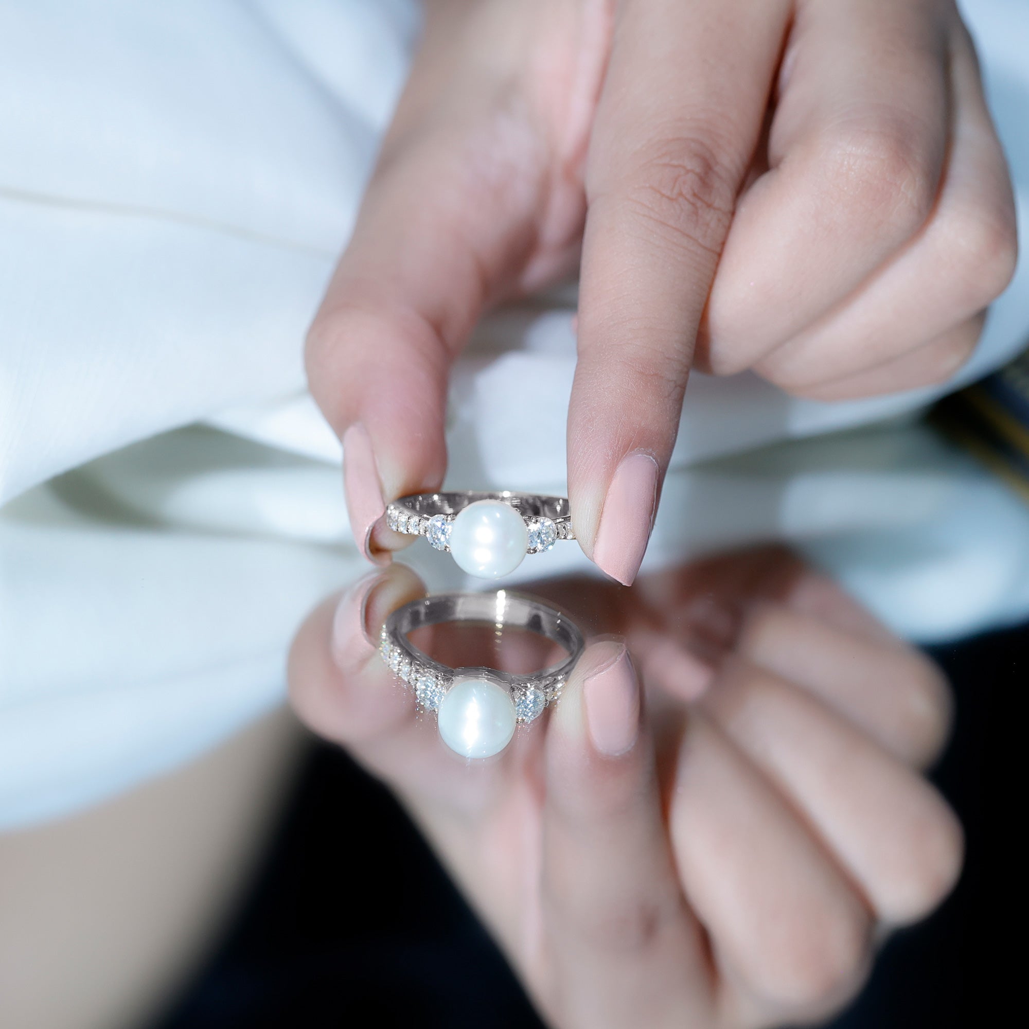 Rosec Jewels-Cultured 7.4 Carat Freshwater Pearl Engagement Ring with Moissanite
