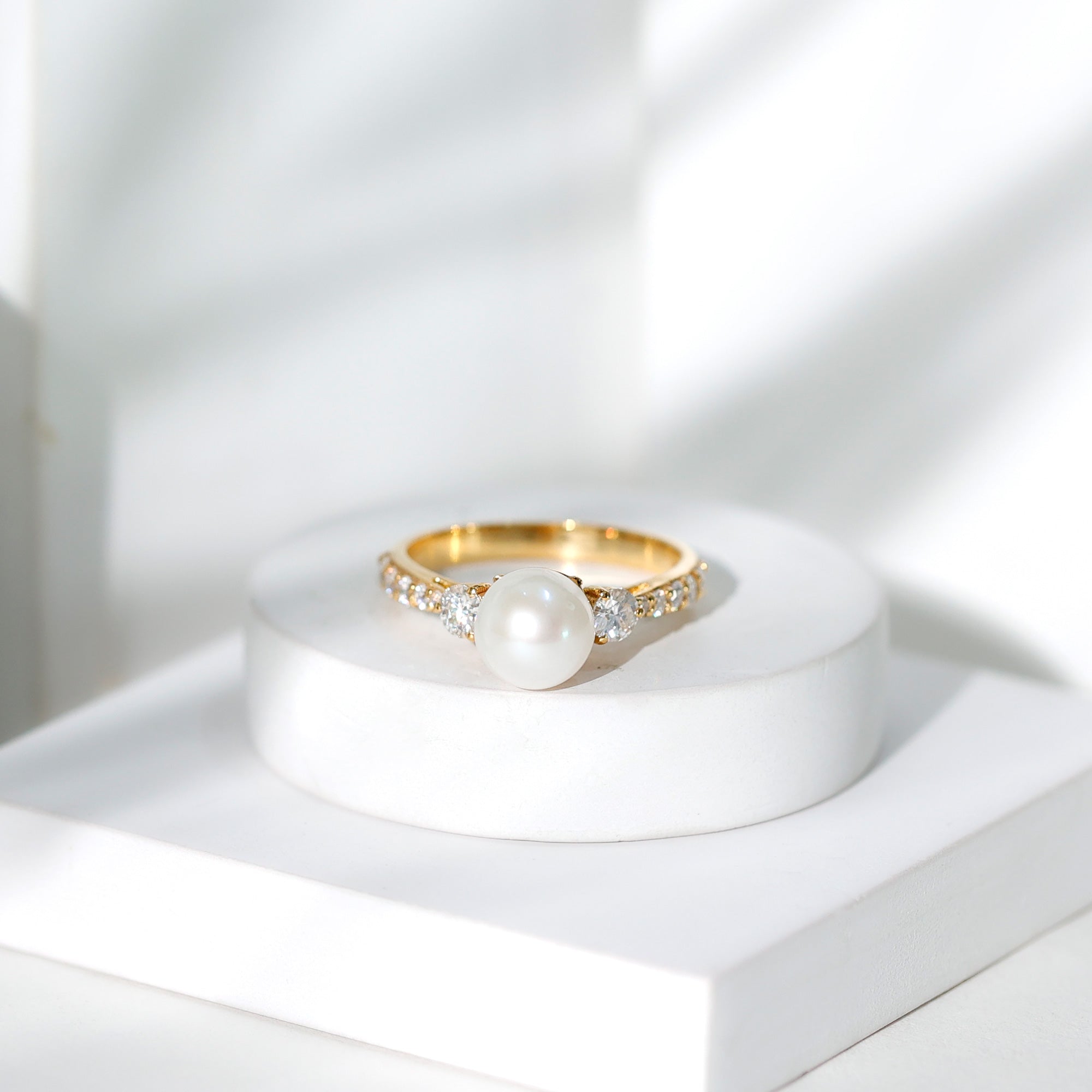 Rosec Jewels-Cultured 7.4 Carat Freshwater Pearl Engagement Ring with Moissanite